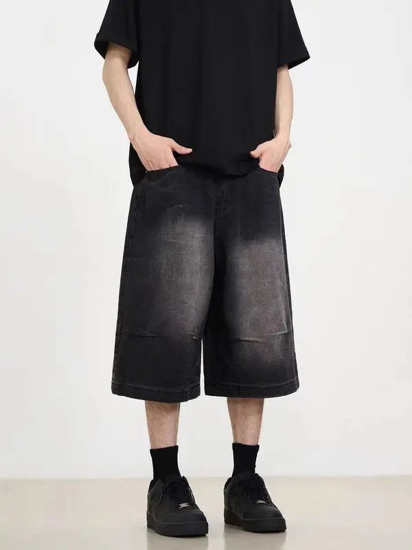 Japanese Brand VIBE Washed distressed black baggy denim shorts Size US 31 - 5 Thumbnail