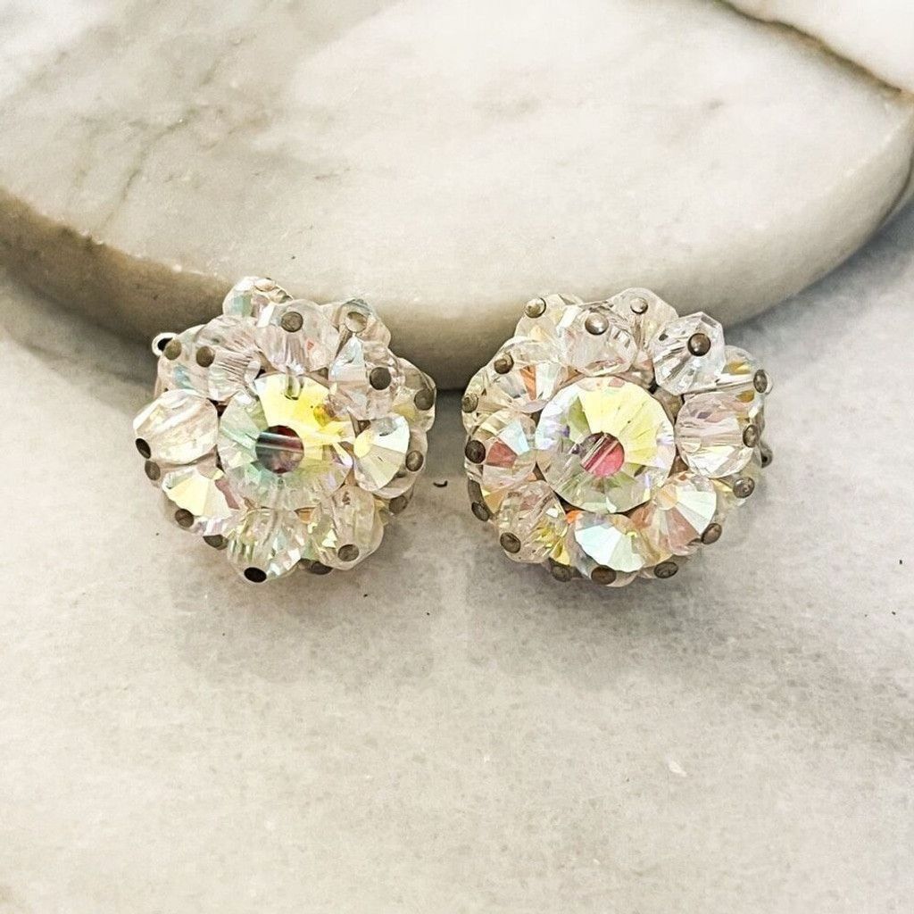 Vintage Vintage Signed Hobe Earrings AB Crystal Faceted Bead Clip On Size ONE SIZE - 1 Thumbnail