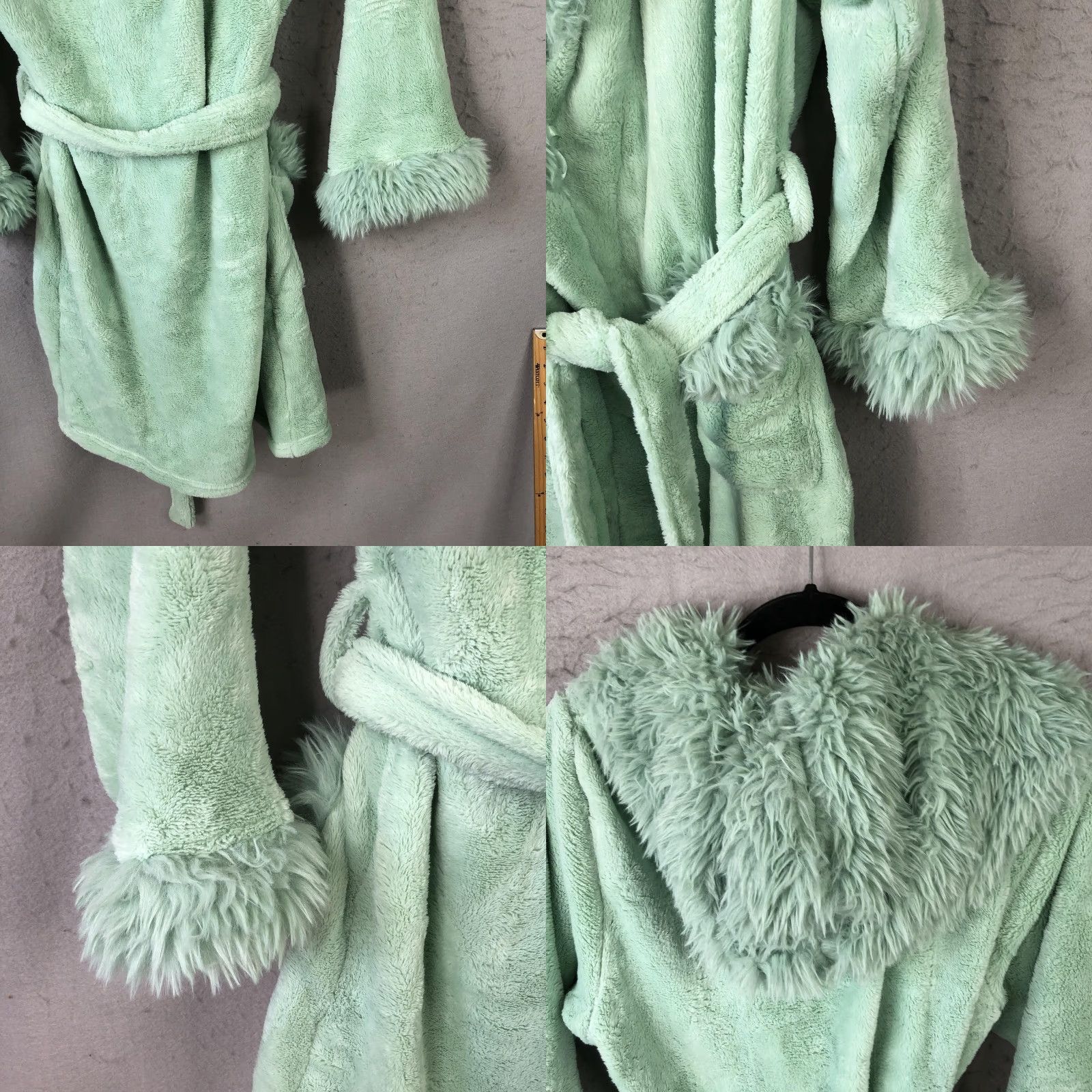 Vintage LYCY Robe Womens S/M Green Faux Fur Trim Hooded Plush Fleece Lounge Cozy Bath Size ONE SIZE - 10 Thumbnail