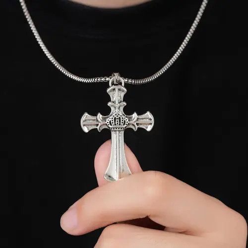 Jewelry Silver Crown Cross Pendant Necklace, Men's Religious Jewelry Size ONE SIZE - 2 Thumbnail