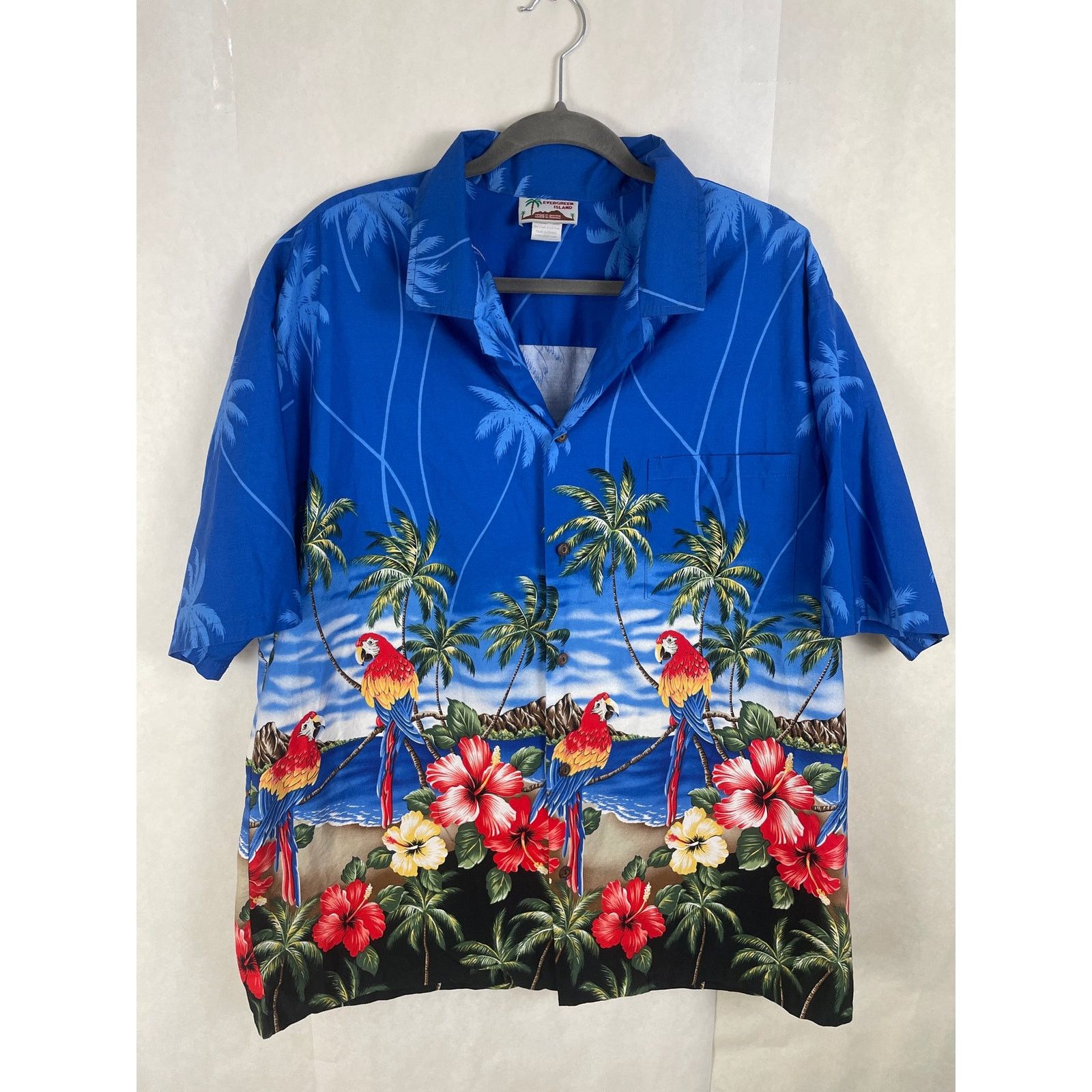 Evergreen Evergreen Island Hawaiian Parrots Flowers Blue Button Up Size US XL / EU 56 / 4 - 1 Thumbnail