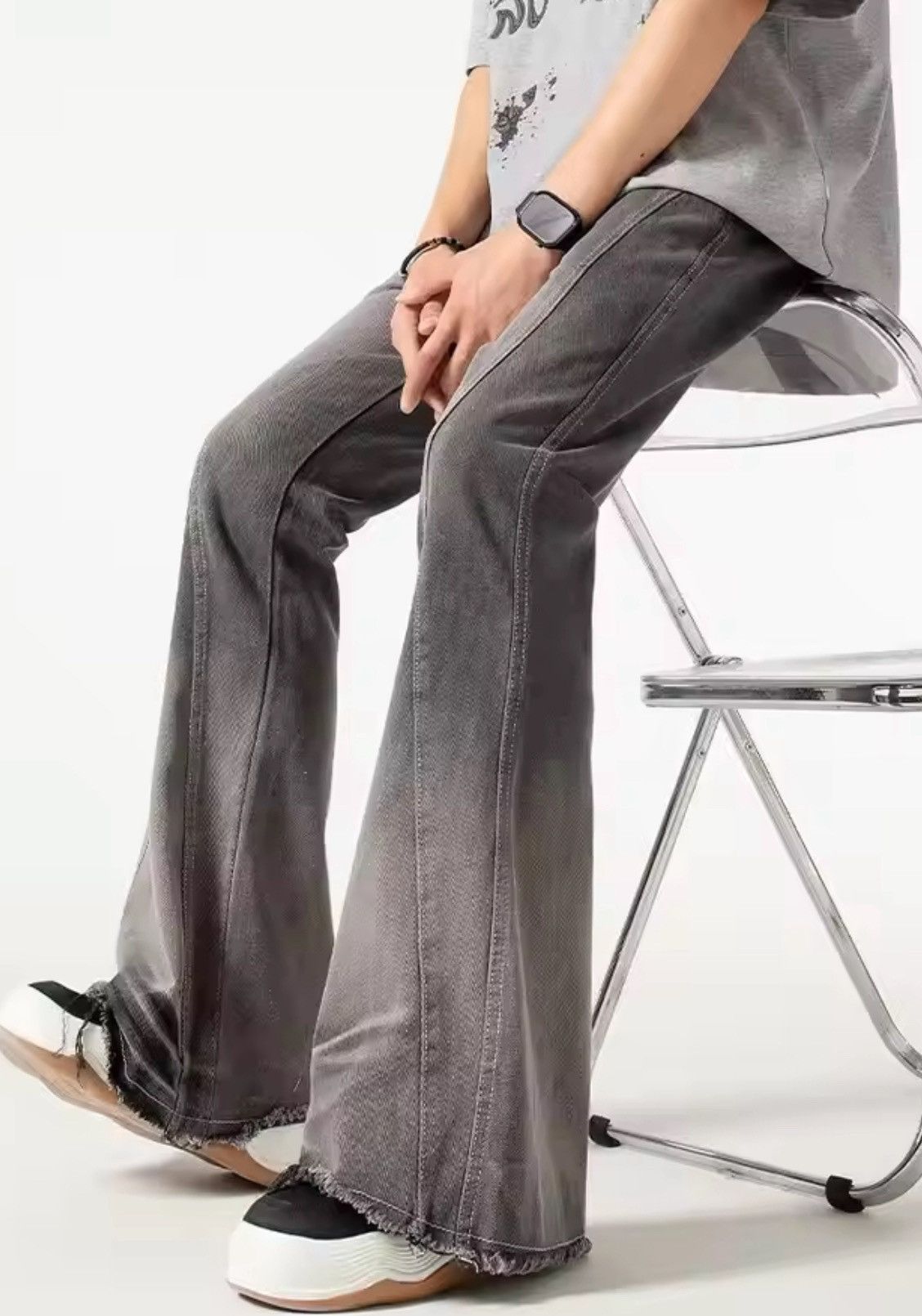 Vintage Grey Flared Denim Jeans - High-Quality, Distressed Finish Size US 27 - 7 Thumbnail