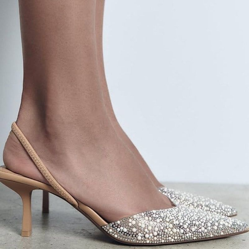 Other Yiya 7.5 Clear Silver White Studded Slingback Heels Size US 7.5 / IT 37.5 - 3 Thumbnail