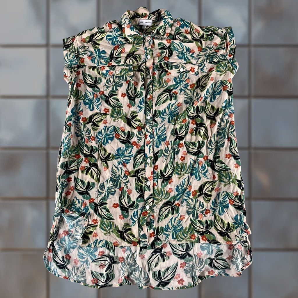 Vintage LOST WANDER Dress Womens L Green Floral Beige Sleeveless Collared Button Front Size L / US 10 / IT 46 - 1 Thumbnail