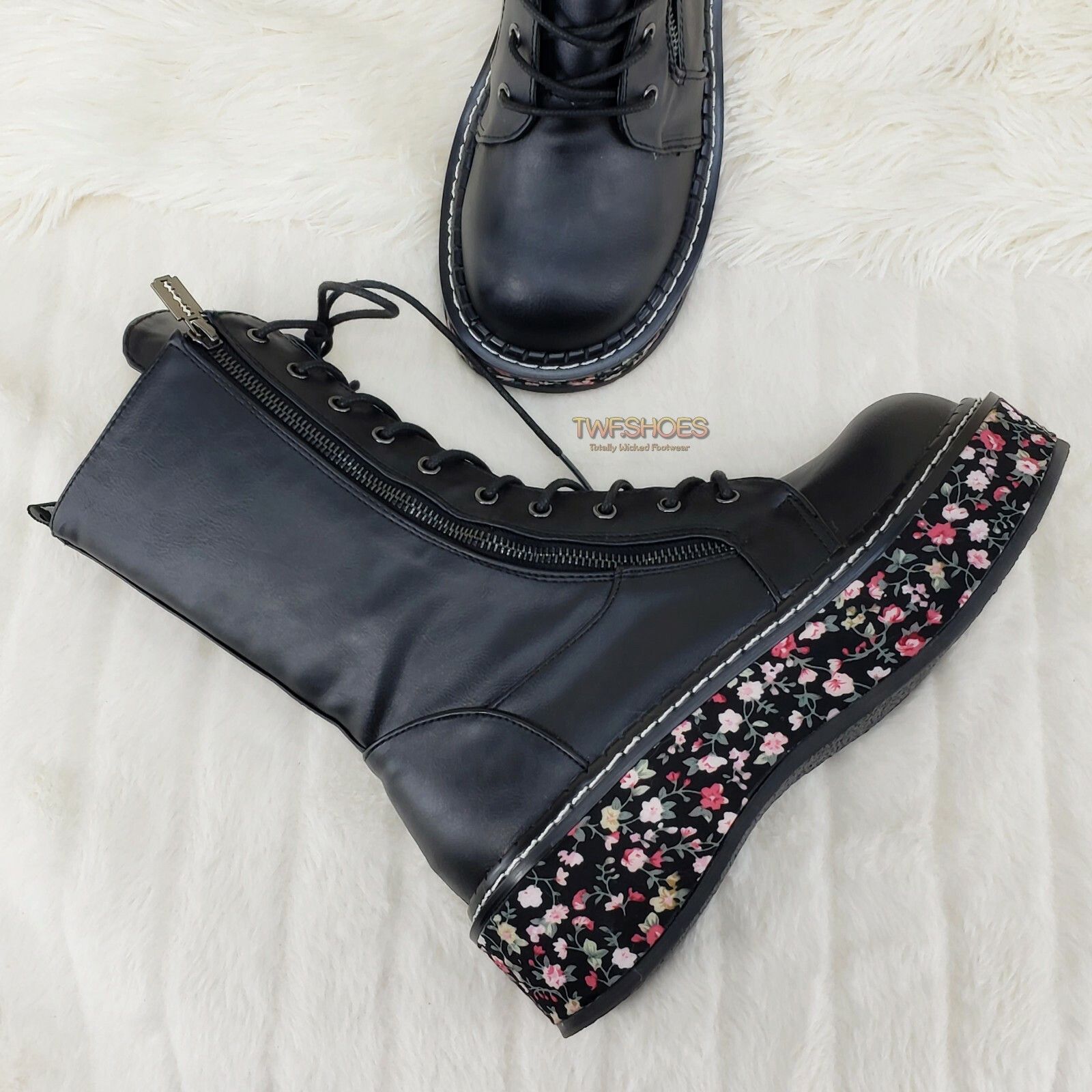 Other DEMONIA Emily 350 Black Matte Floral 2" Platform Combat Boot Size US 10 / IT 40 - 1 Thumbnail