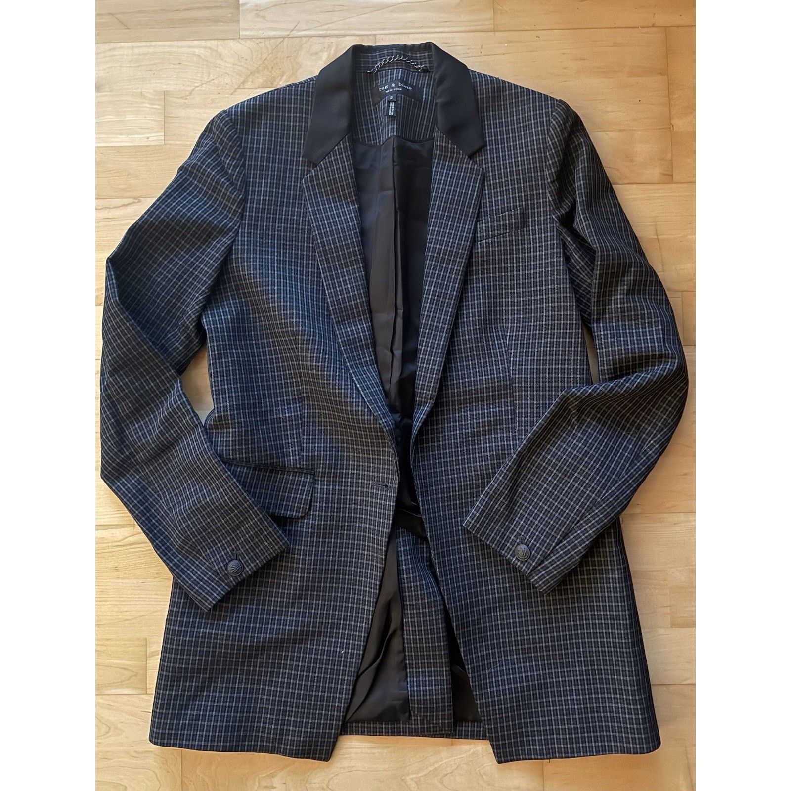 Rag & Bone Grey plaid Leather Collar Blazer (missing Button)