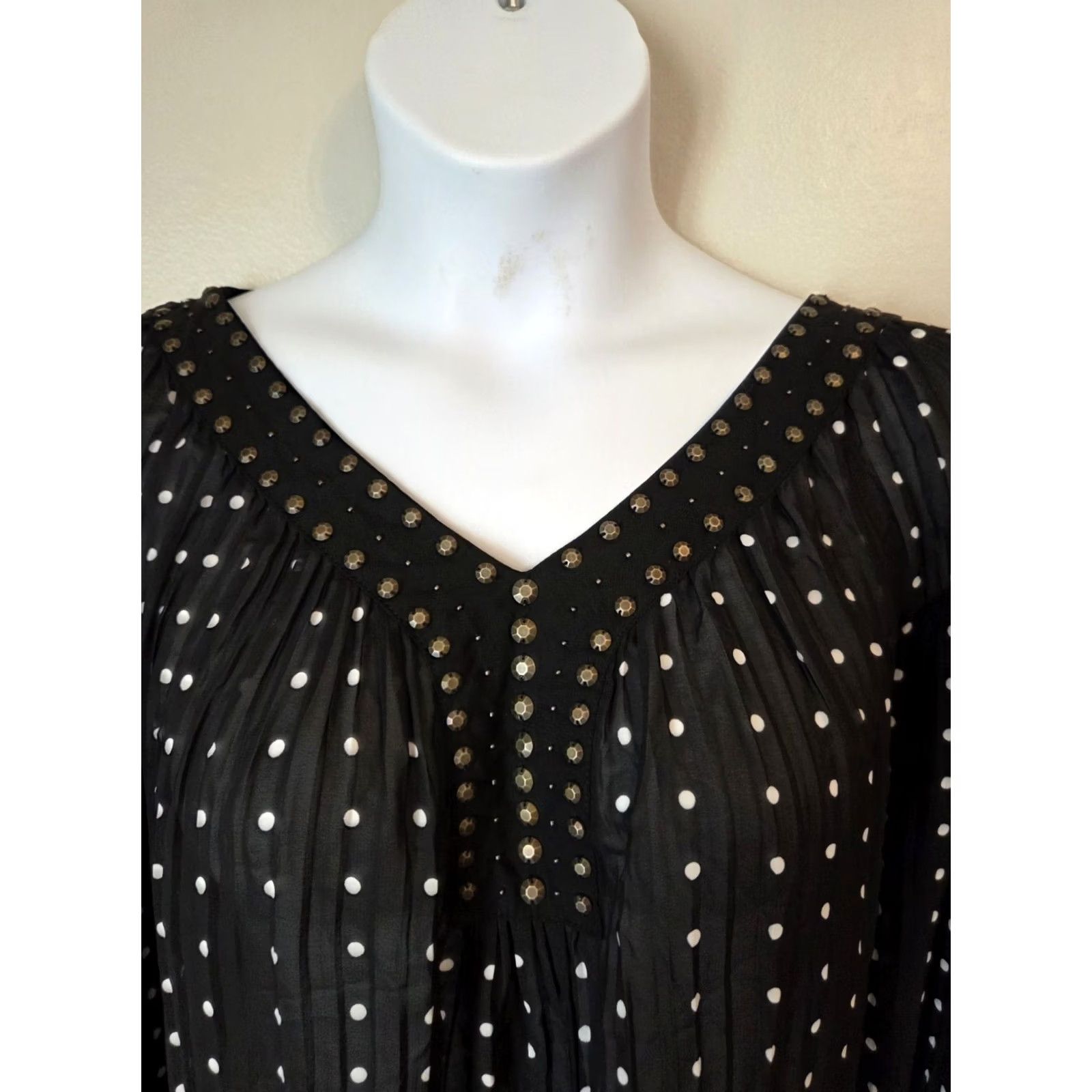 Vintage Woman Within Black Polka Dot Bell Sleeve Studded Semi Sheer Tunic Top 2X Size XXL / US 16-18 / IT 52-54 - 2 Thumbnail