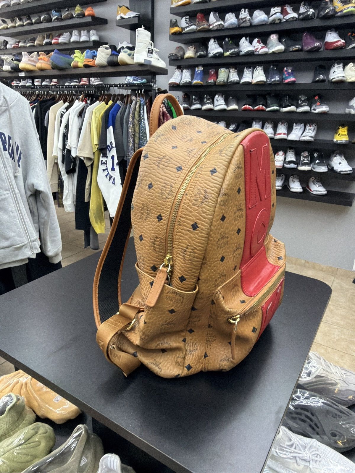 MCM MCM Visetos Medium Stark Logo Stripe Backpack Cognac Red Size ONE SIZE - 16 Thumbnail