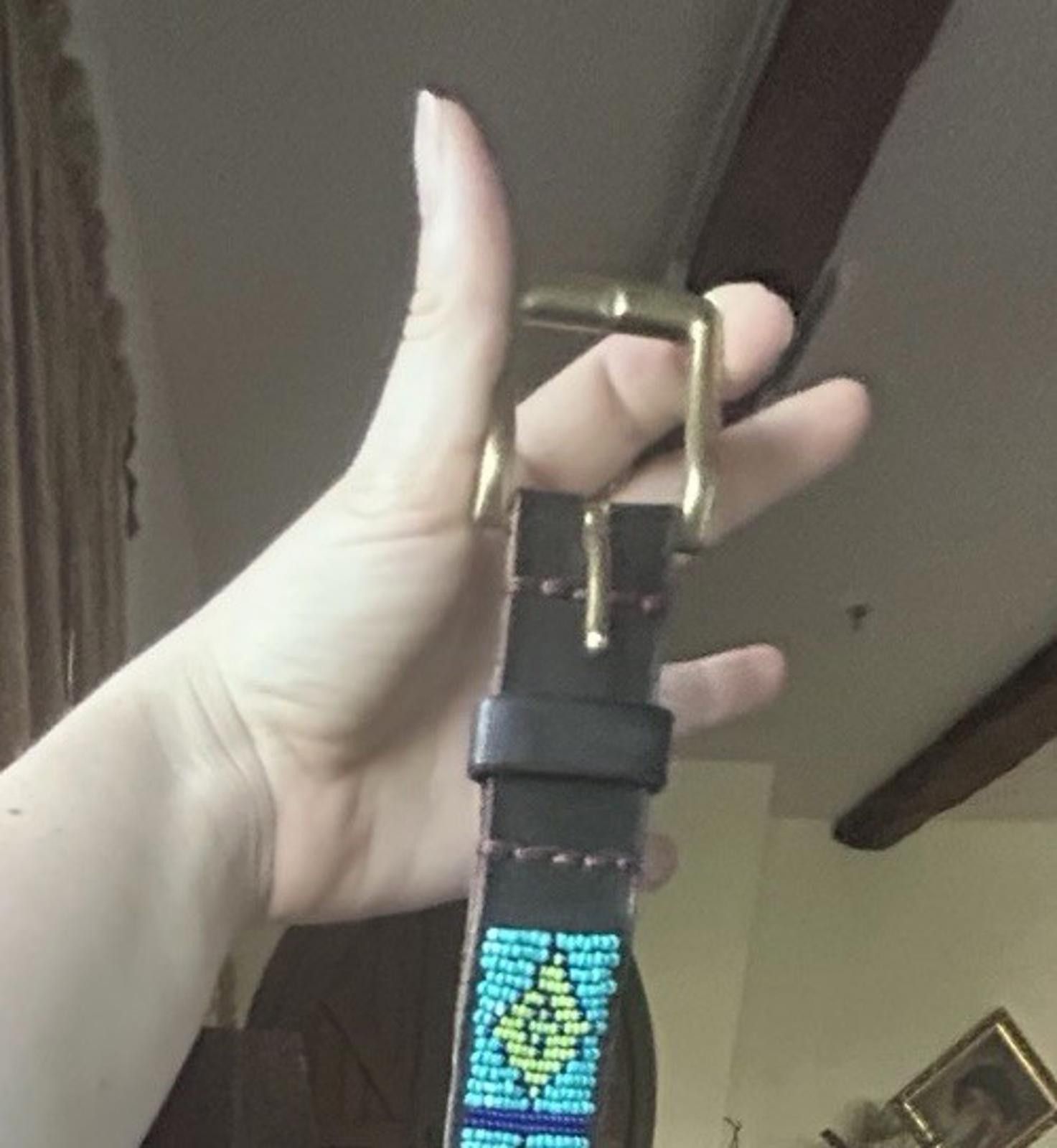Handmade Handmade Beaded Leather Belt Brass buckle Brown Green beads Size ONE SIZE - 3 Thumbnail