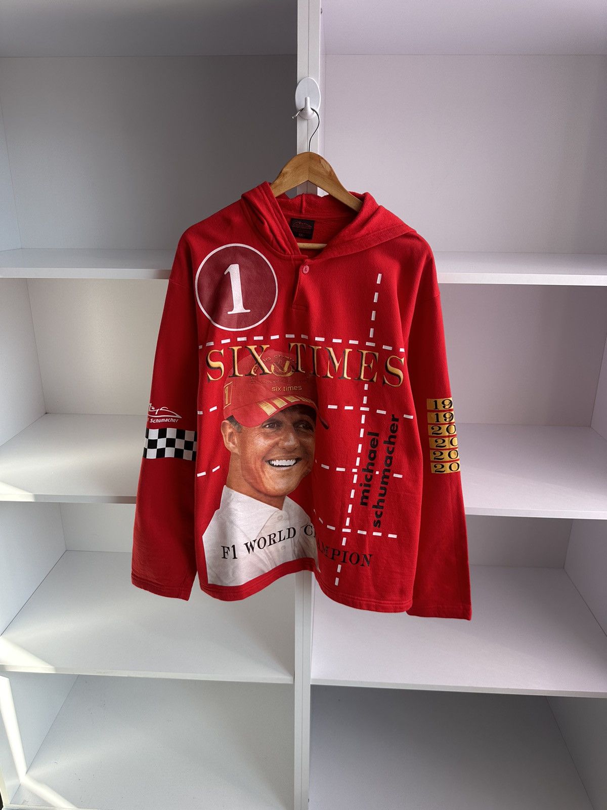 Image of Racing x Vintage VTG Michael Schumacher Six Time Champion Formula 1 Hoodie in Red, Men's (Size 2XL)