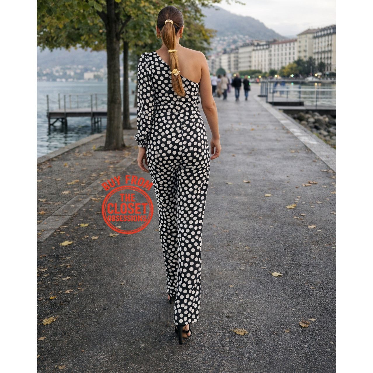 Mango Mango Polka Dot One Shoulder Jumpsuit Straight Leg NWT Size 34" / US 12 / IT 48 - 10 Thumbnail