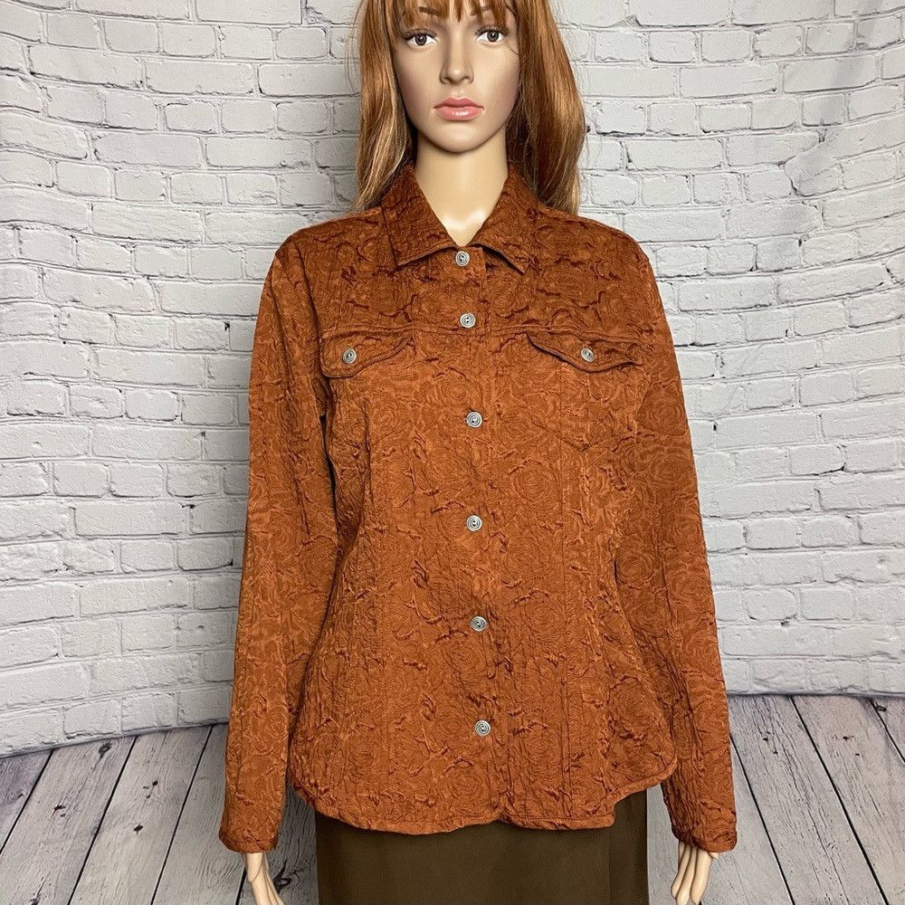 Chicos Chico’s Rust Textured Rose Jacket Size 2 US L Size L / US 10 / IT 46 - 1 Thumbnail