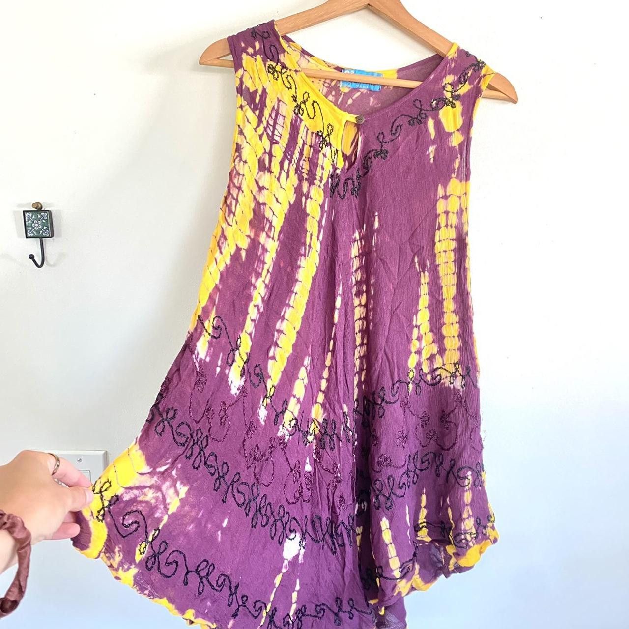 Vintage BOHEMIAN TIE DYE SUNFLOWER GOLD BURGUNDY DRESS MINI FLOWY Size ONE SIZE - 4 Thumbnail