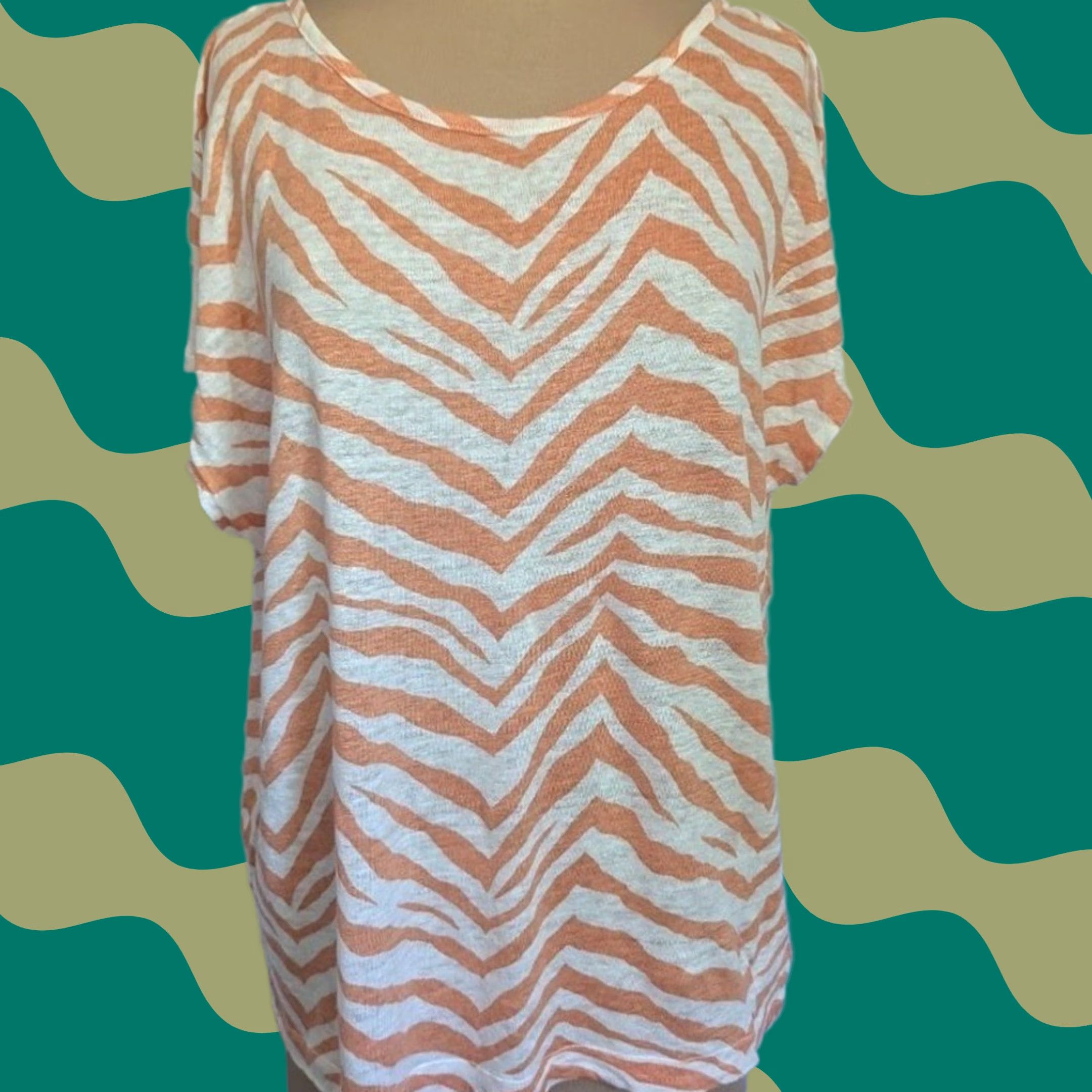 Vintage Tahari Blouse Zebra Linen Button Front V-Neck Dolman Short Sleeve Women's L Orange White Beachy Casual Summer Spring Catwalk Vintage No Size L / US 10 / IT 46 - 1 Thumbnail