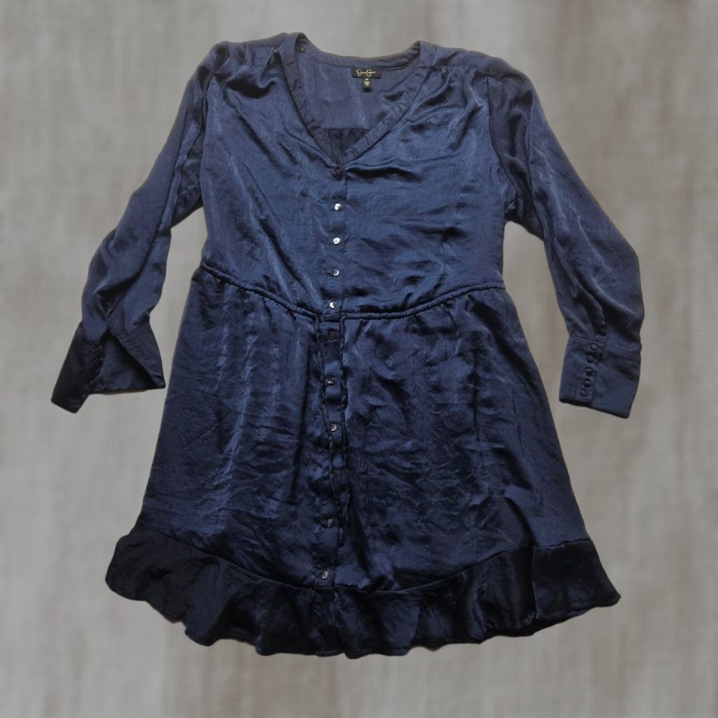 Jessica Simpson Jessica Simpson Shirt Dress Women's 2X Dark Blue V-Neck Long Sleeve Tie-Waist Knee Length Solid Dress Size XXL / US 16-18 / IT 52-54 - 1 Thumbnail
