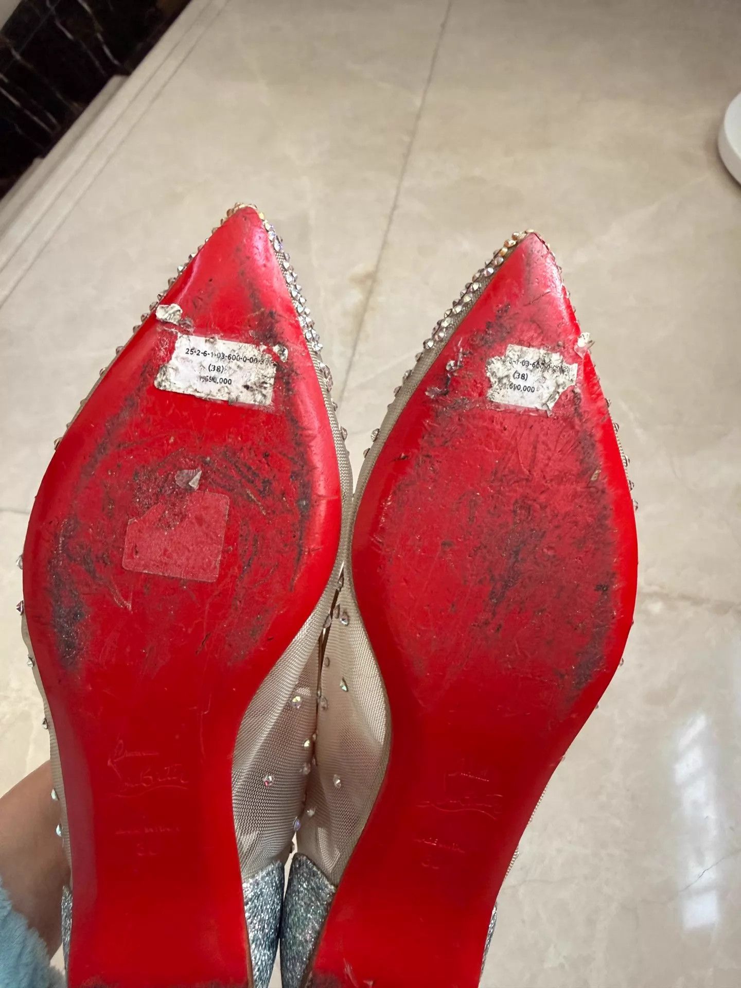 Christian Louboutin CL Wmns Nude Pointed Toe Tulle Crystal Flats 38 (Worn 1-2x) Size US 7.5 / IT 37.5 - 5 Thumbnail