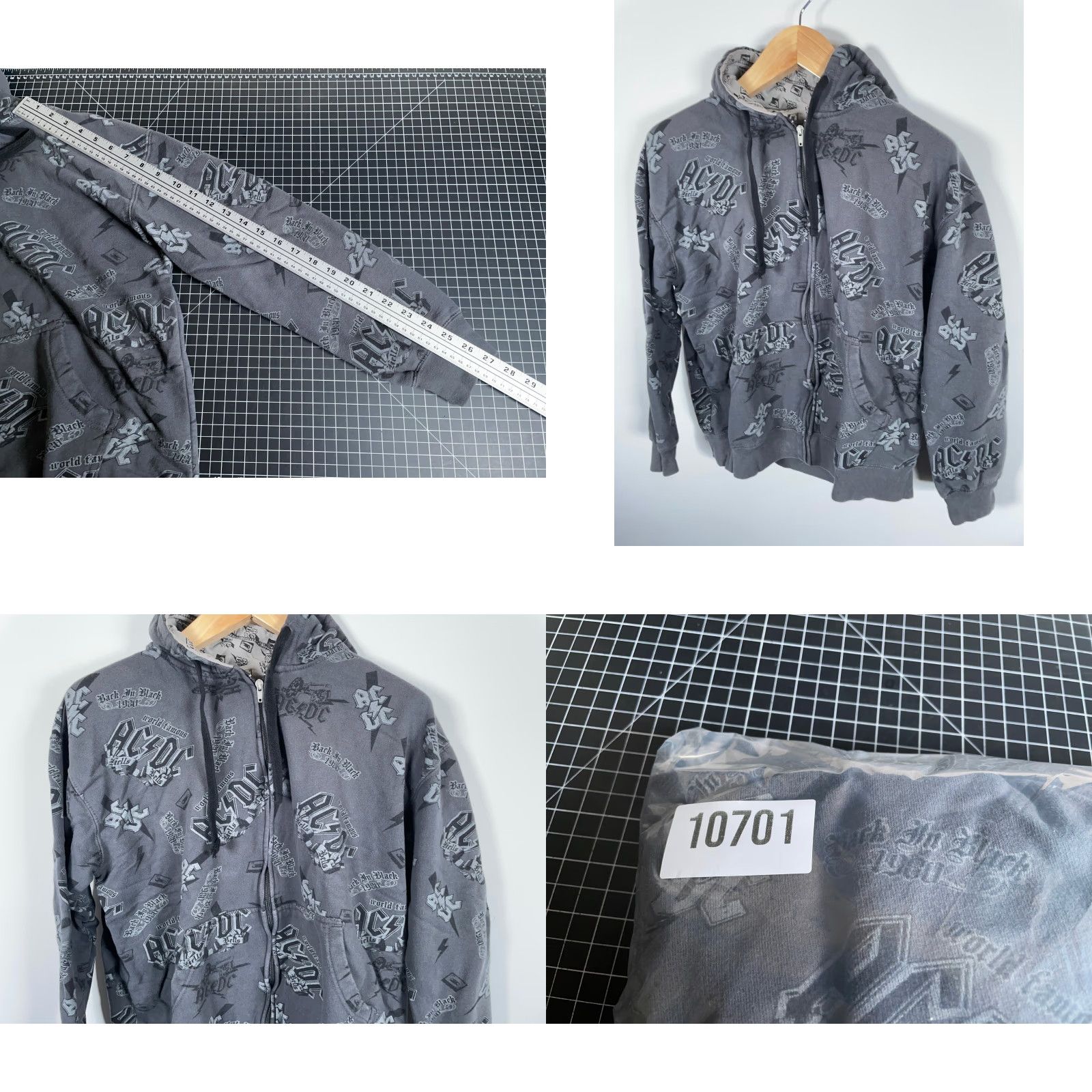 Gloverall AC/DC Hoodie Men Large Gray Logo All Over Print Sweatshirt Rockware AOP Shirt Mens Regular Full Zip 90s Retro Rock Clothing Size US L / EU 52-54 / 3 - 8 Thumbnail