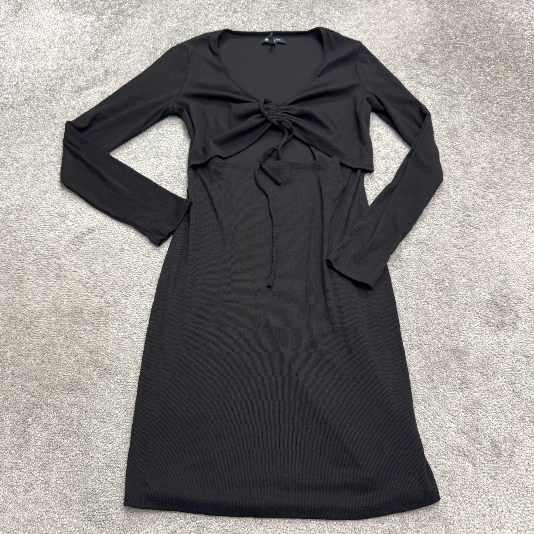 Vintage BDBG Paris Dress Mini Woman M Black Knit Long Sleeve Ribbed Cut Out Stretch V-Neck Fashion Size M / US 6-8 / IT 42-44 - 2 Thumbnail