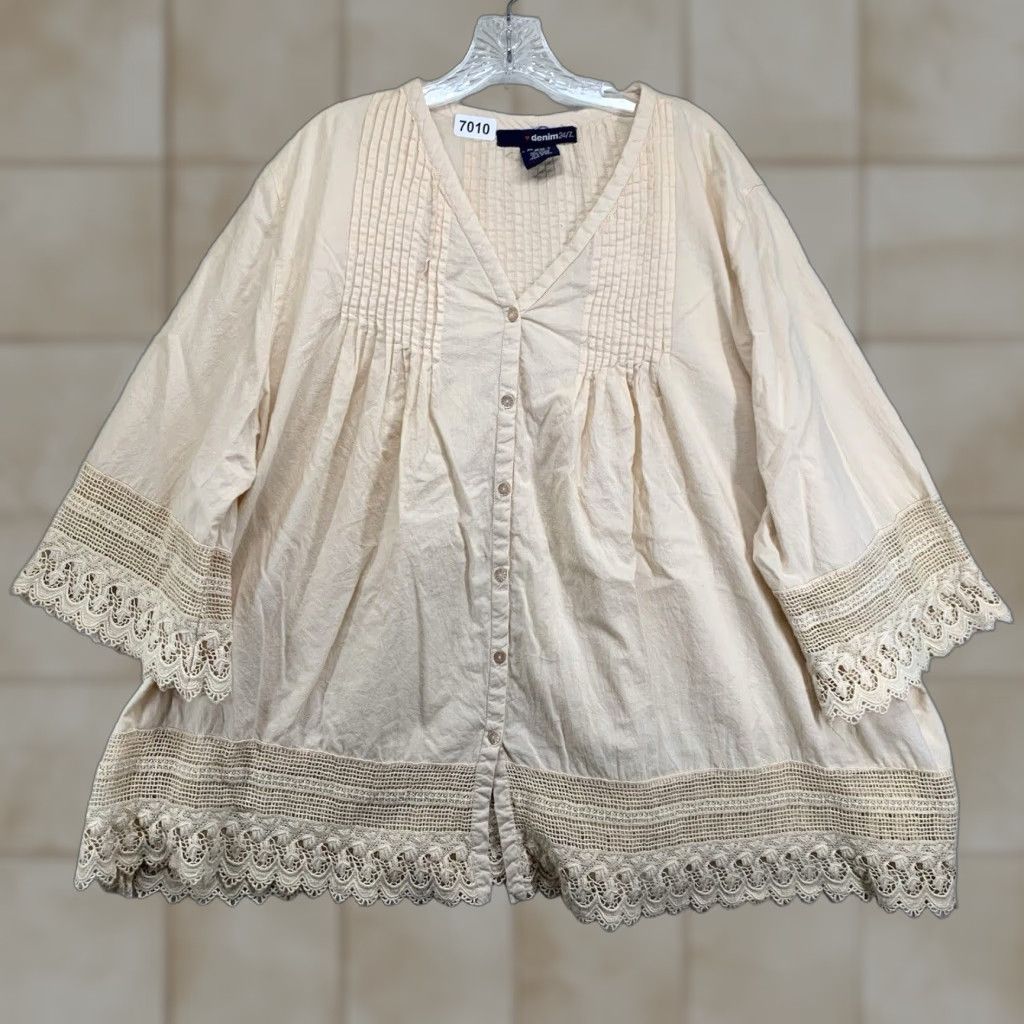 Denime VINTAGE Denim Women’s Tunic Blouse 26W Plus Size Light Peach Cotton V-Neck 3/4 Sleeves Bohemian Casual Size 4XL / US 24-26 - 1 Thumbnail