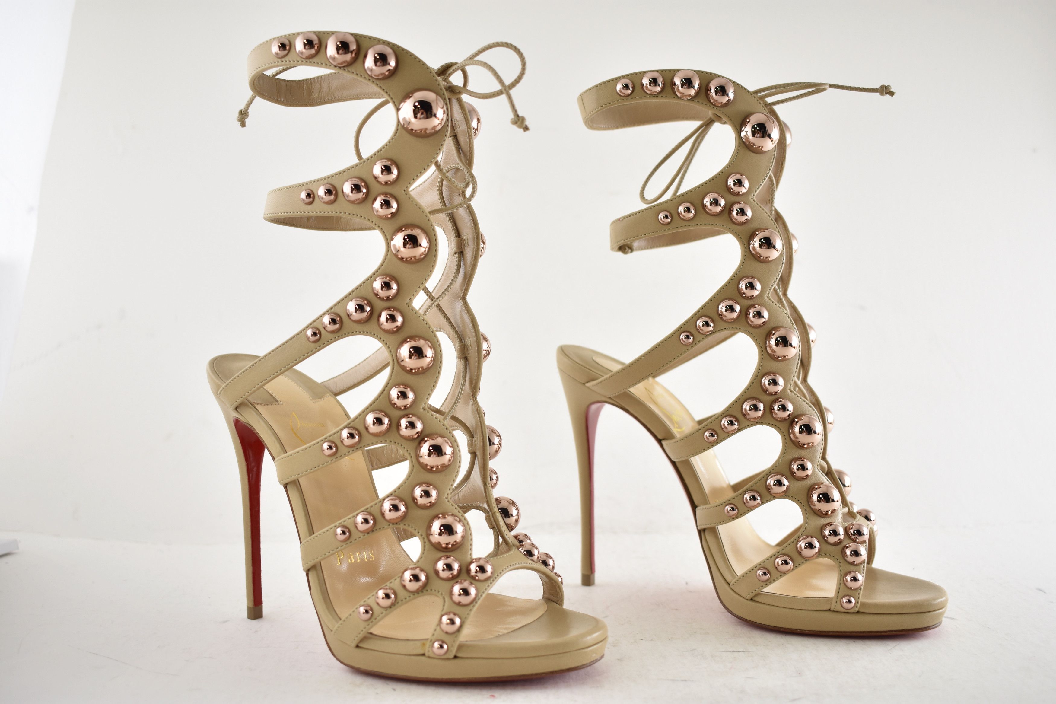 Christian Louboutin Amazoubille 120 Nude Beige Lace Up Tie Sandal Heel Pump 35 Size US 5 / IT 35 - 4 Thumbnail