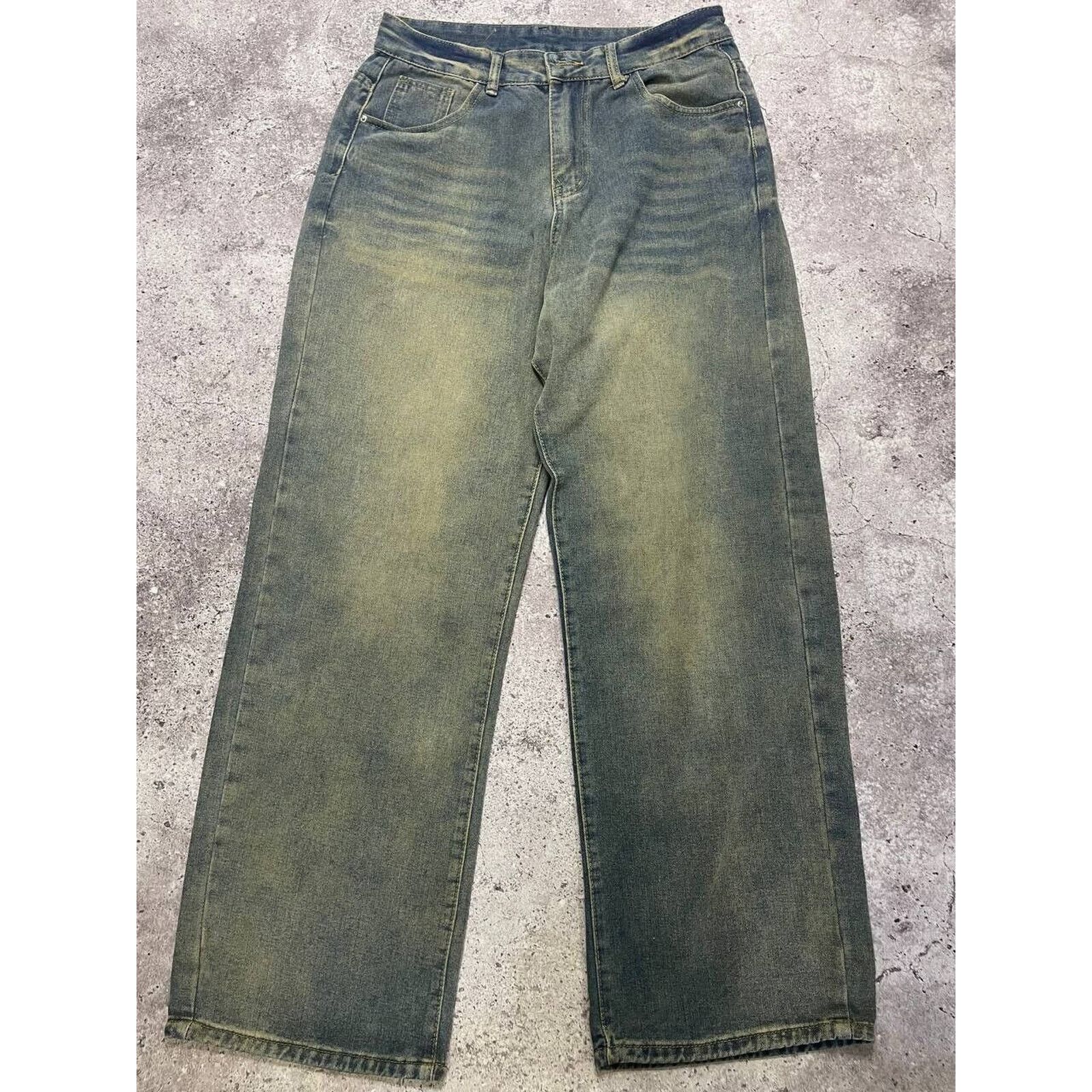 Vintage Washed Green Denim Jeans Straight Fit Distressed M