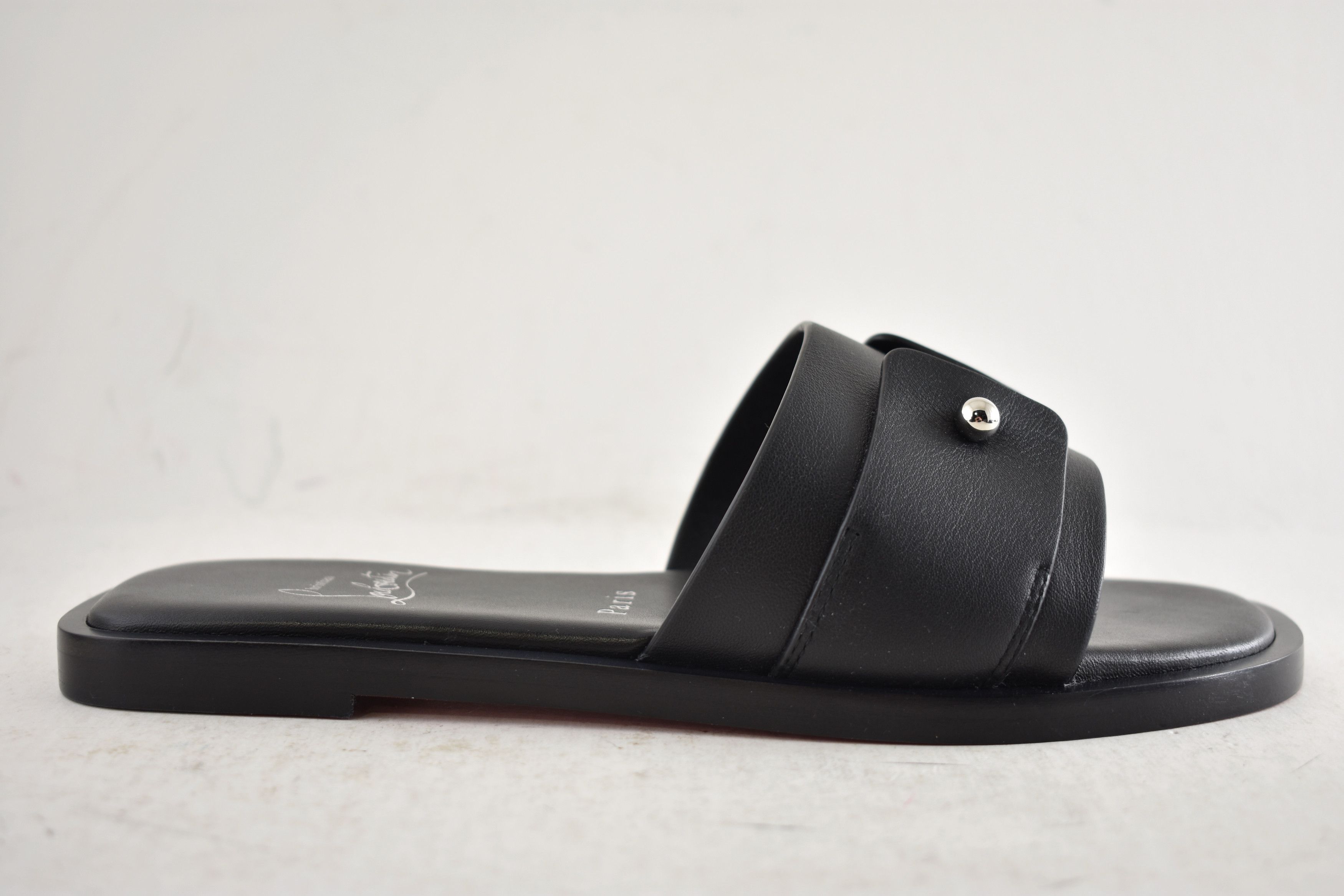 Christian Louboutin Chambelimule Donna Flat Black Calf Leather Slide Sandal 35 Size US 5 / IT 35 - 2 Thumbnail