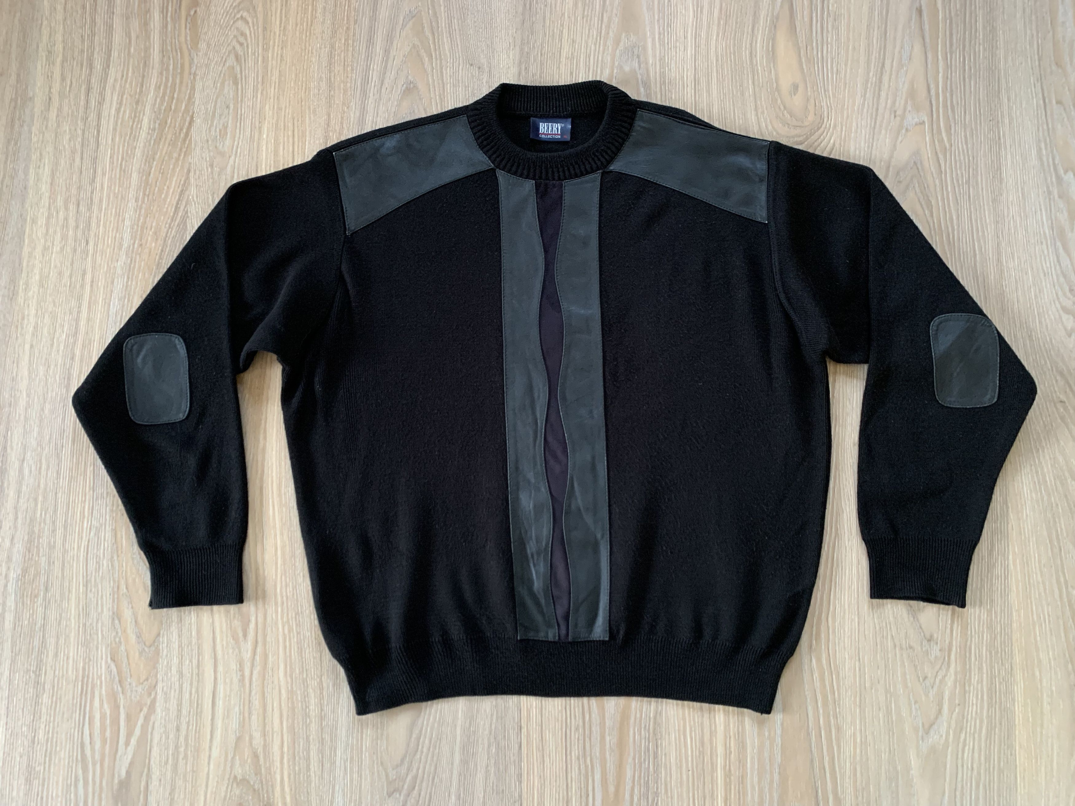 Vintage Beery Collection Black Combined Sweatshirt Leather Wool Size US L / EU 52-54 / 3 - 2 Thumbnail