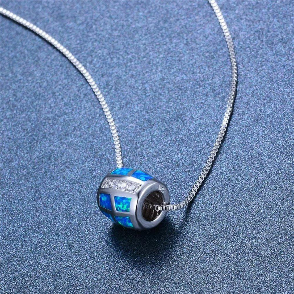 Designer Blue Opal Round Rum Barrel Silver Necklace & Chain Size ONE SIZE - 5 Thumbnail