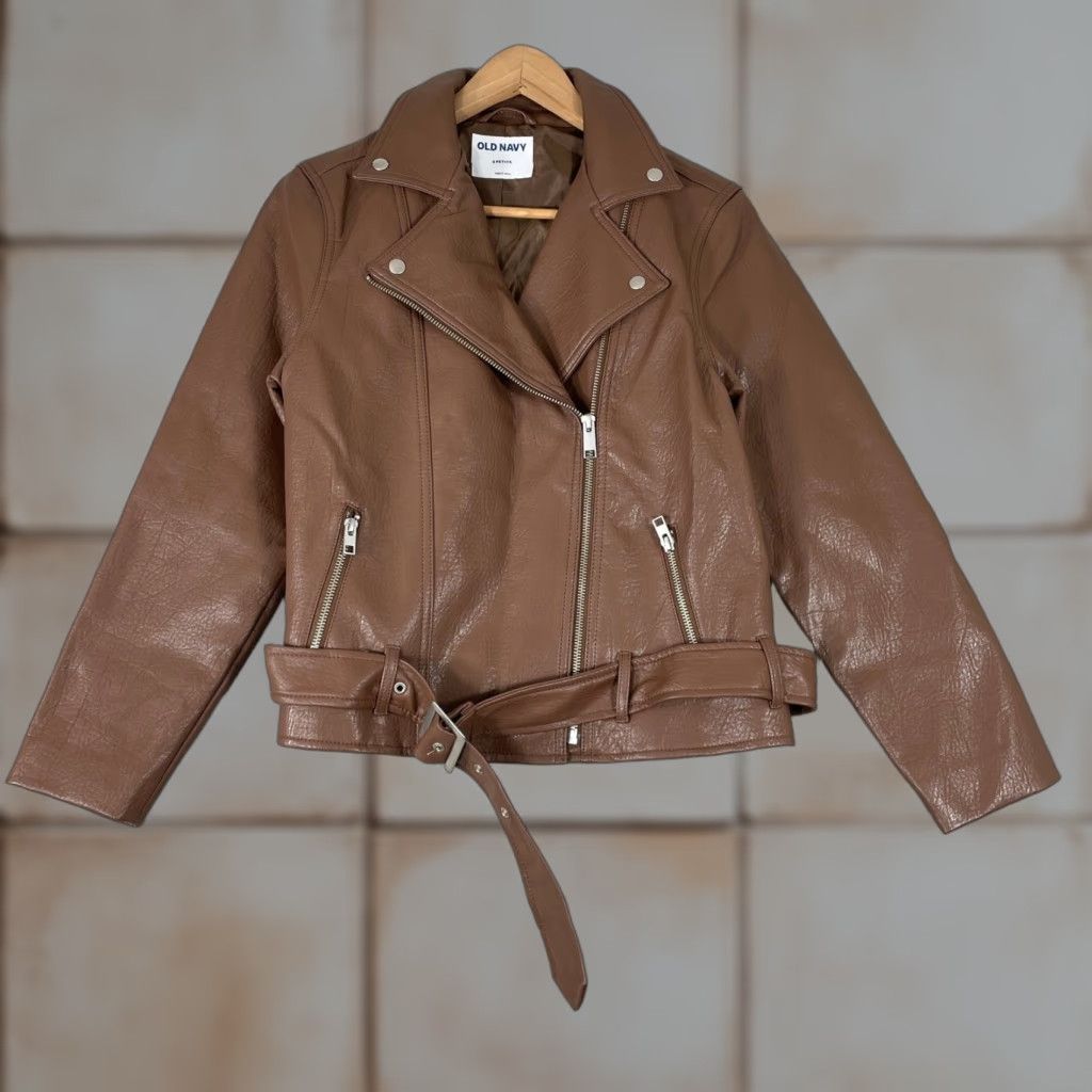 Old Navy Old Navy Moto Jacket Womens PS Small Brown Faux Leather Belted Biker Jacket Size S / US 4 / IT 40 - 1 Thumbnail