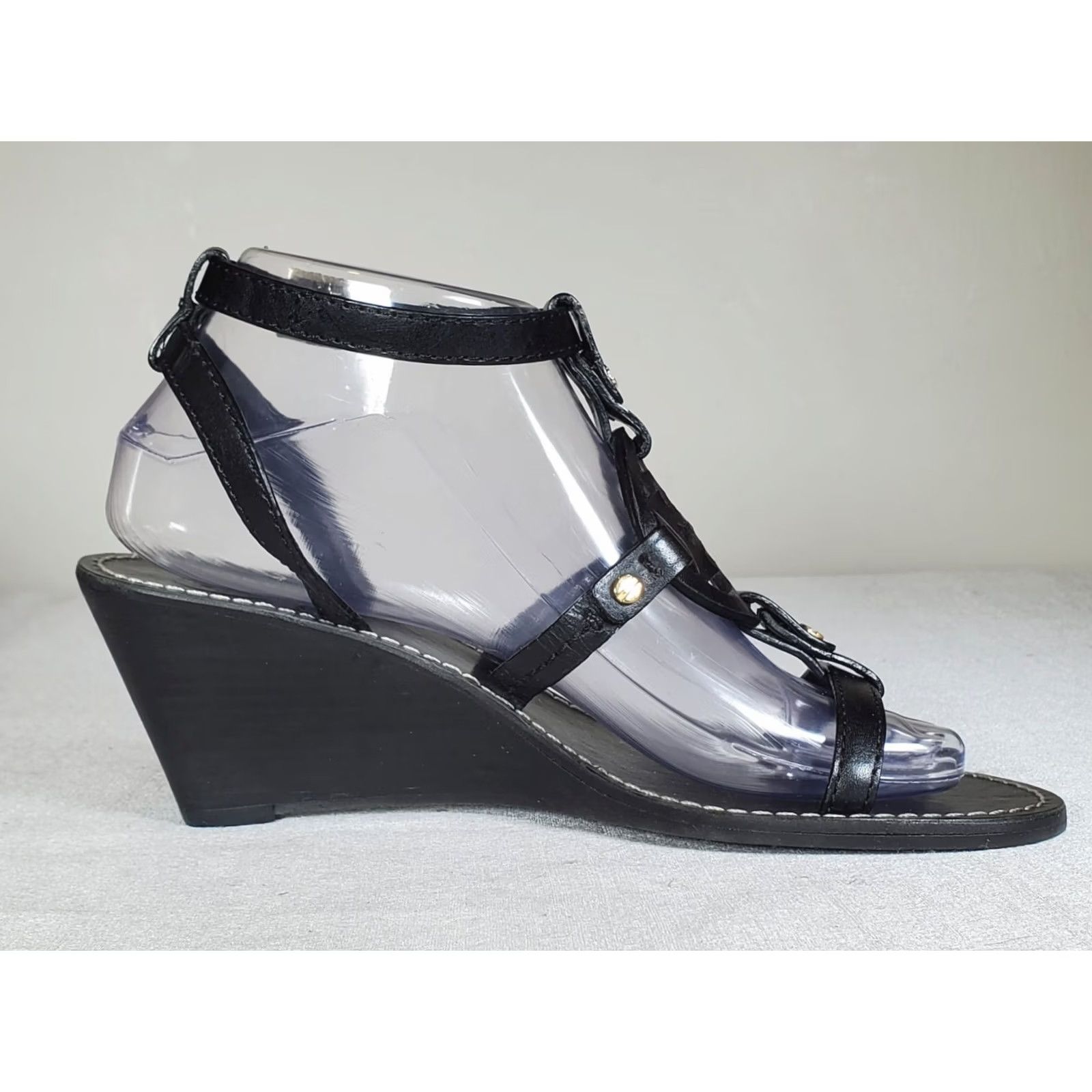 Tory Burch VINTAGE Tory Burch Miller Logo Ankle Strap Wedge Sandal Black Leather Women's US 7.5 M Size US 8 / IT 38 - 4 Thumbnail
