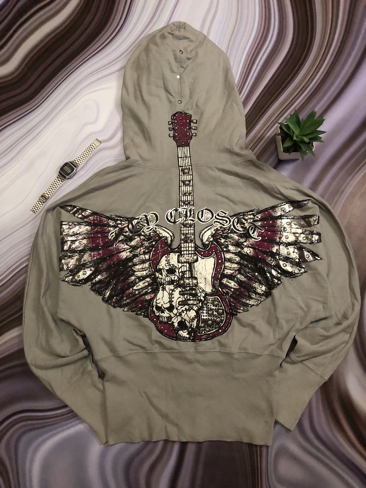 image of Key Closet Women Zip Hoodie Guitar Swarovski Crystal in Grey (Size Large)