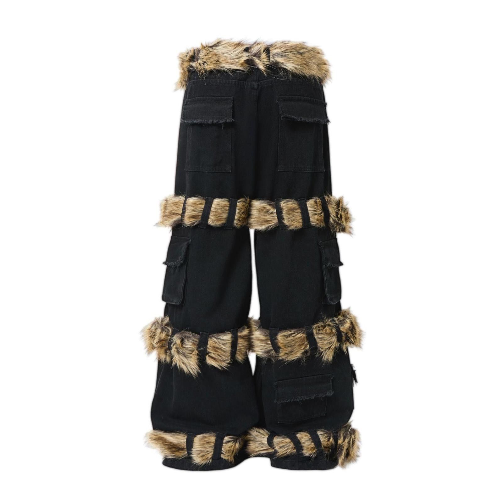 Japanese Brand Black Wide Leg Cargo Pants with Faux Fur Trim Size US 32 / EU 48 - 2 Thumbnail