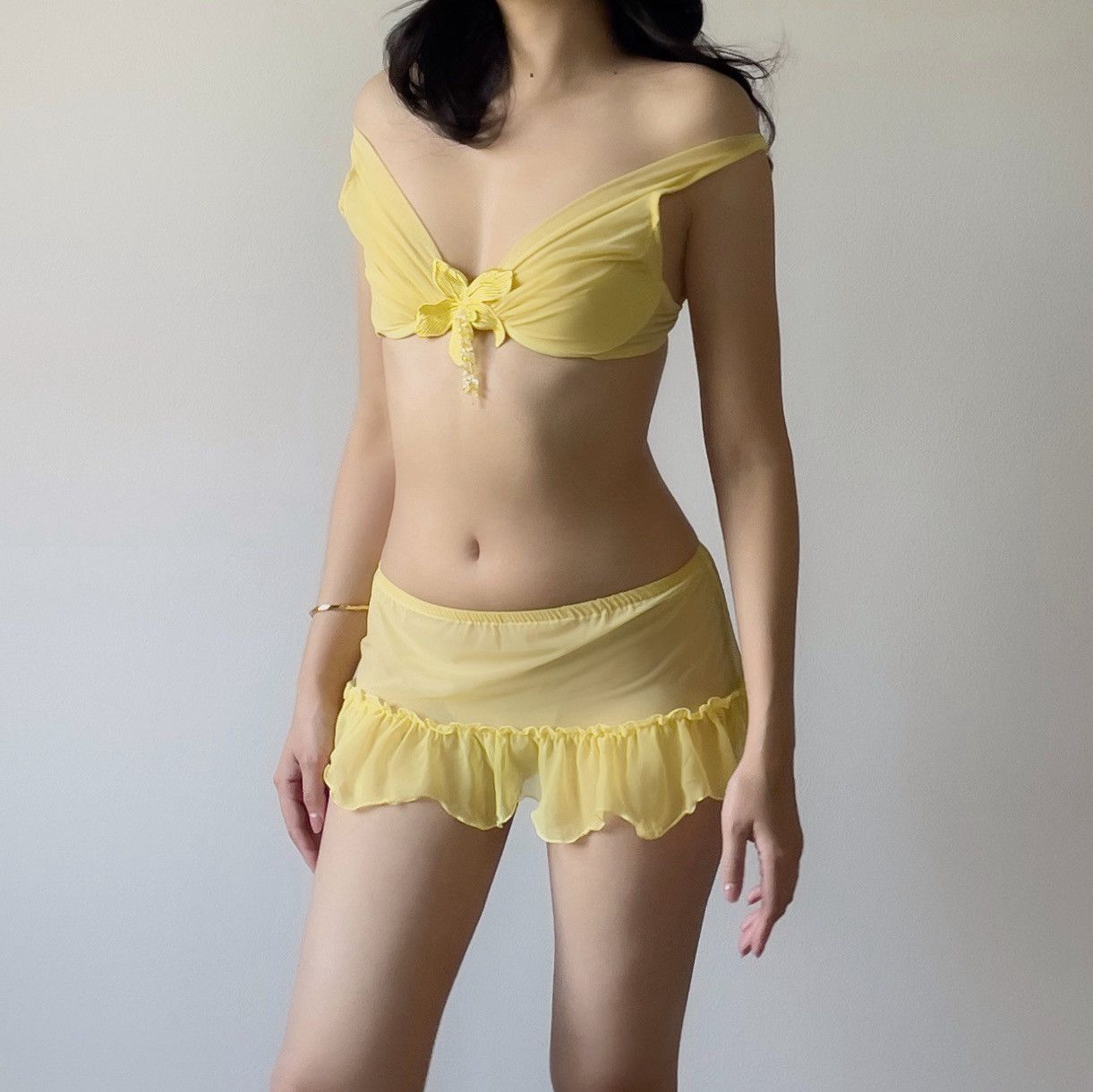 Victoria's Secret Romantic Yellow Mesh Bra & Mini Skirt Sheer Set(36B-C/34C-D) Size ONE SIZE - 7 Thumbnail