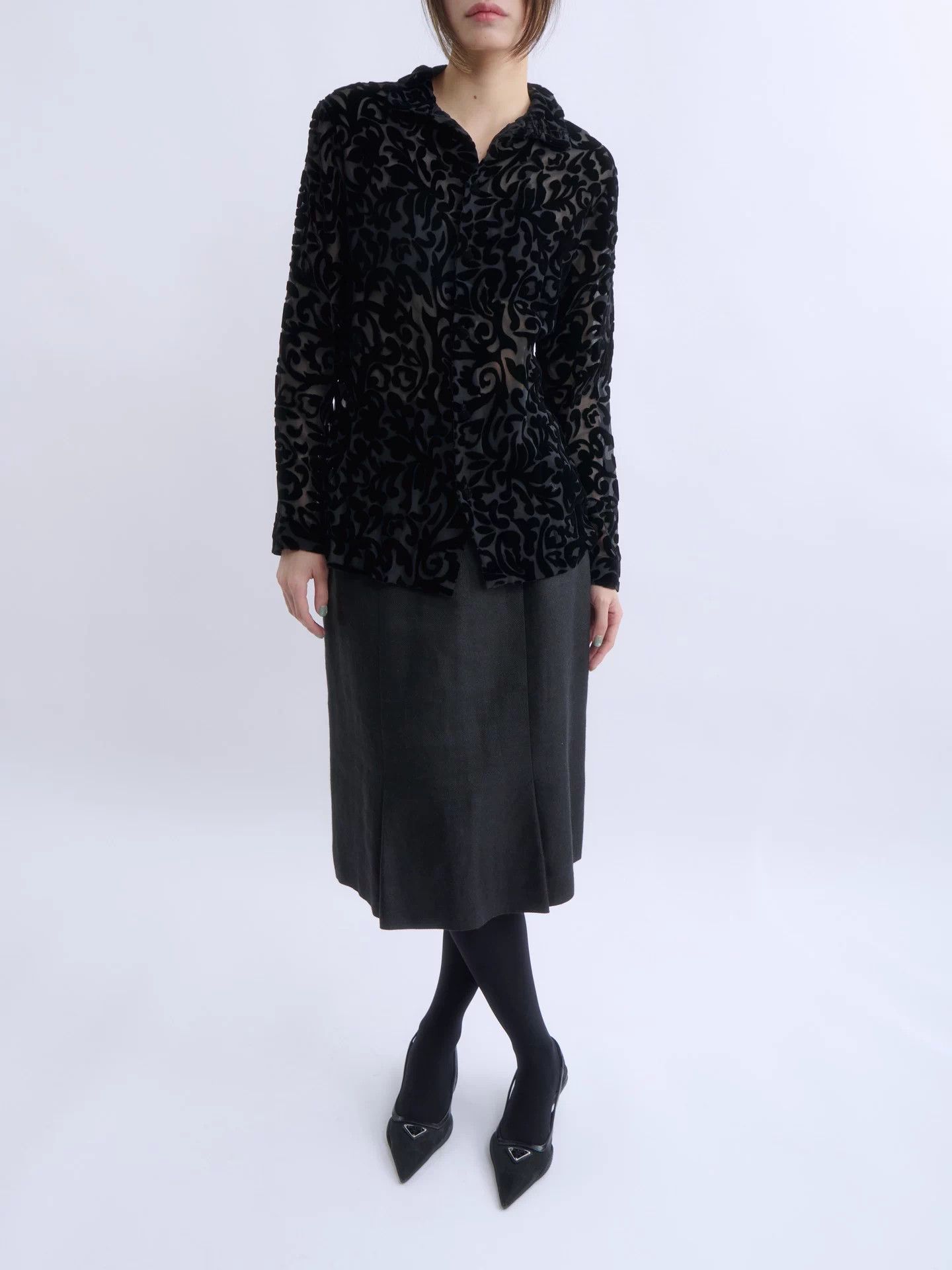 Romeo Gigli ROMEO GIGLI 90s Black Flocked Sheer Velvet High Neck Top NWT Size S / US 4 / IT 40 - 6 Thumbnail