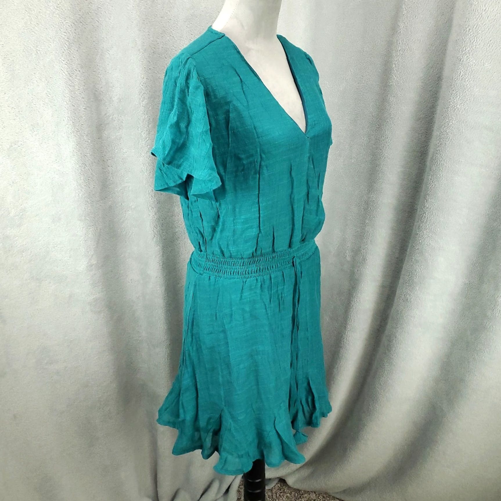 Vintage Womens Dress L Teal Blue Green Elastic Waist Lined Mini Swing CrissCros V-Neck Short Sleeve A-Line, Bohemian, Hippie, Peasant UMGEE Shirt? Size L / US 10 / IT 46 - 2 Thumbnail