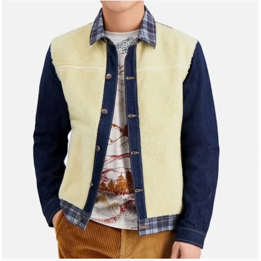 Other Sun + Stone Plaid Sherpa Denim Jacket Blue Ivory Size US XL / EU 56 / 4 - 2 Thumbnail