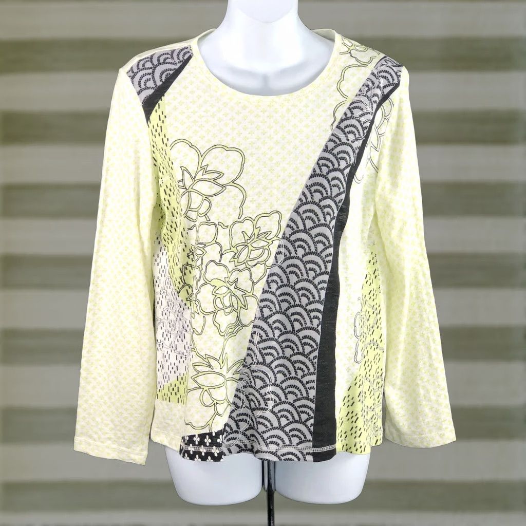 Vintage Chico’s Jersey Top M Lime Gray Floral Geometric Long Sleeve Cotton Shirt Adult Women's Casual Shirt Size M / US 6-8 / IT 42-44 - 1 Thumbnail