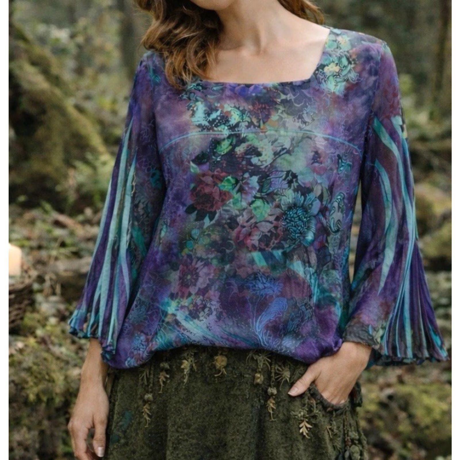 Altea One World Tunic Blouse Ladies 2XL Multicolor Fairy Grunge Bohemian Floral Long Sleeve Scoop Knit Pullover Christmas Style? Size XXL / US 16-18 / IT 52-54 - 2 Thumbnail