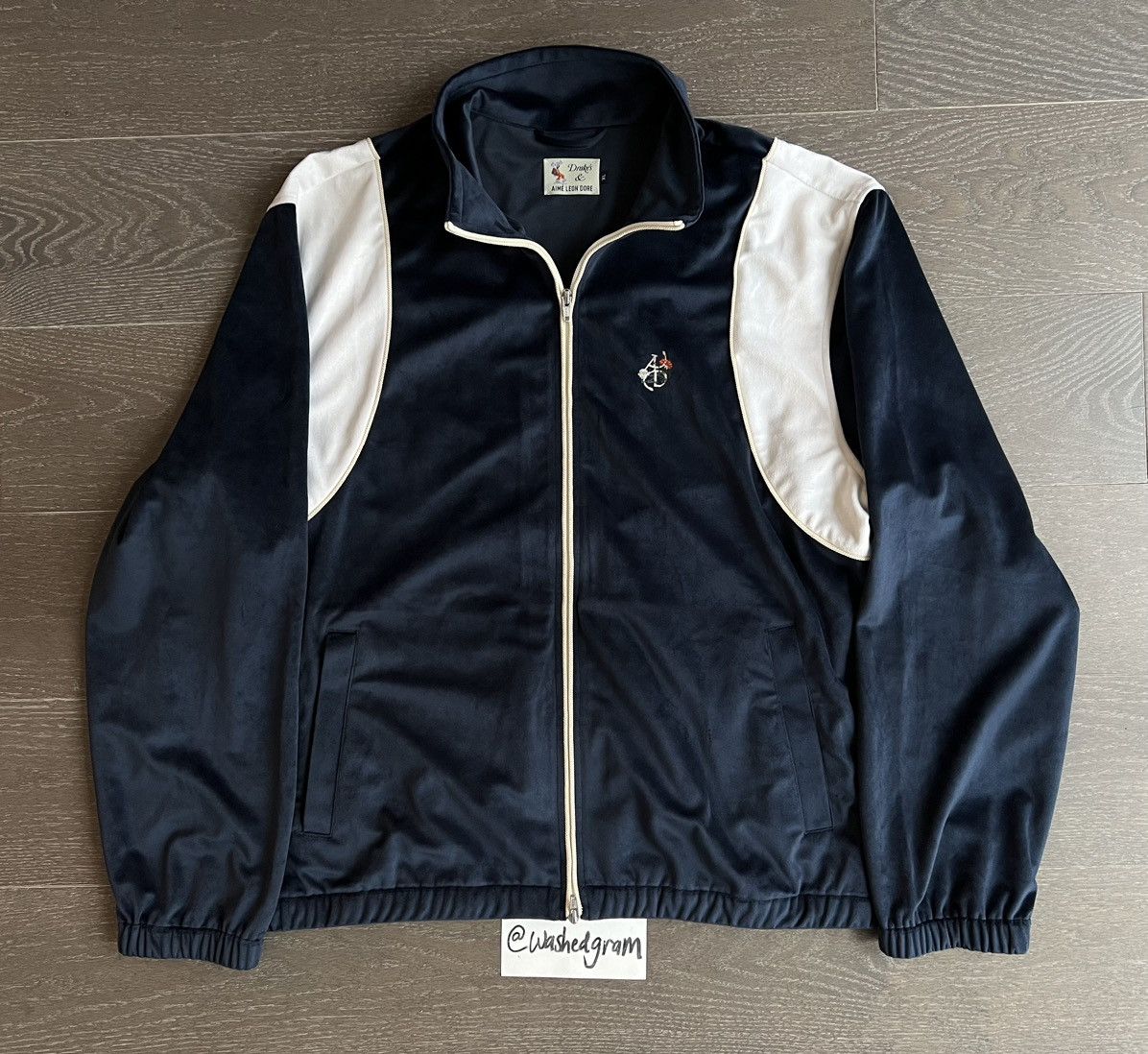 image of Aime Leon Dore x Drakes Velvet Track Jacket Navy/white, Men's (Size XL)