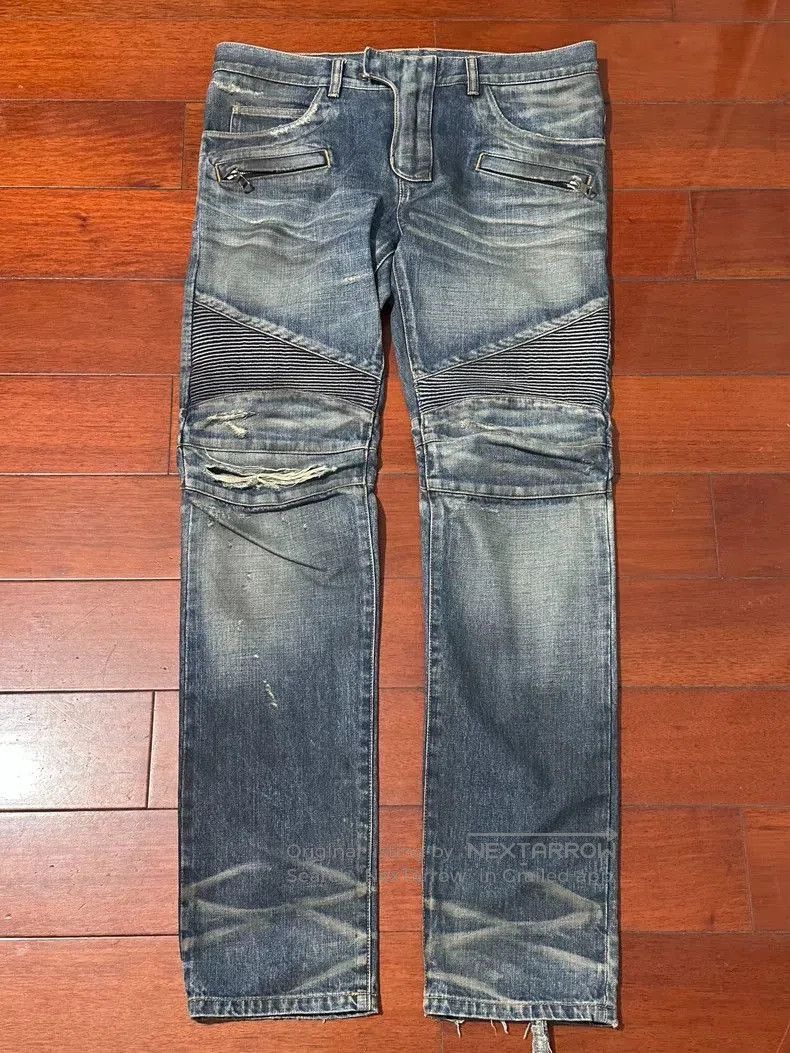 balmain 2015aw distressed denim pants.
