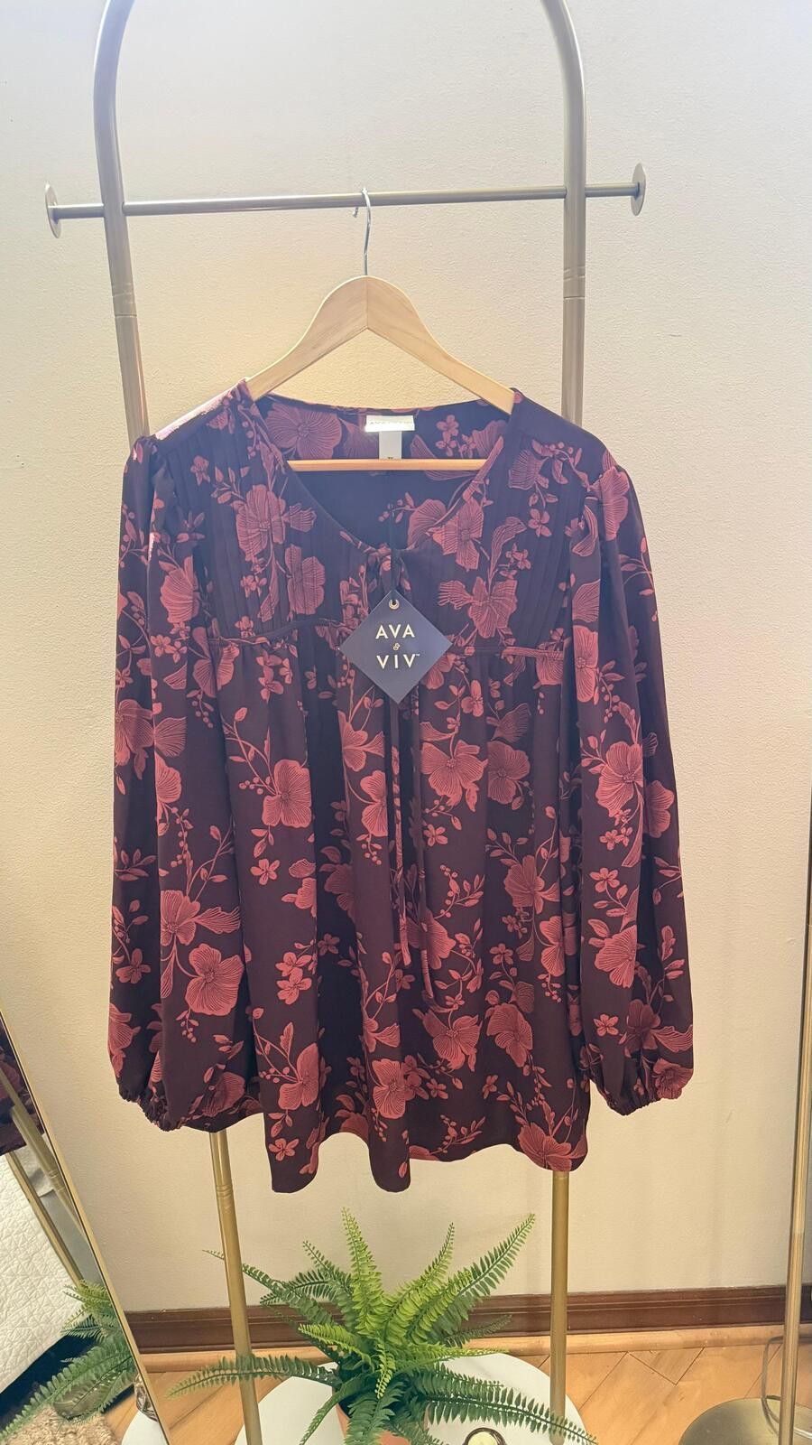 Other 3 x Burgundy flower print Women Bishop Long Sleeve Tie-Front Size 3XL / US 20-22 - 1 Thumbnail