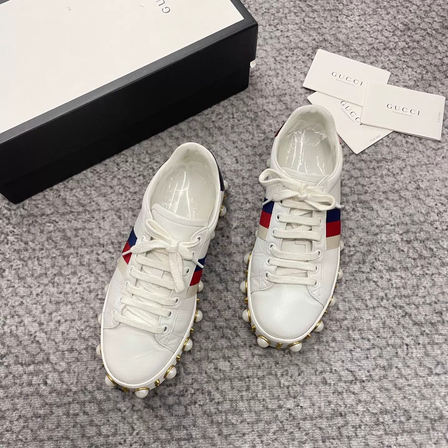 Gucci Gucci ACE Pearl-Embellished White Sneakers 35W Size US 4.5 / IT 34.5 - 2 Thumbnail