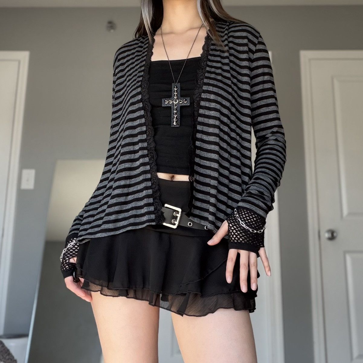 Other Mall Goth Black & Gray Striped Open Front Lace Trim Cardigan Size M / US 6-8 / IT 42-44 - 12 Thumbnail