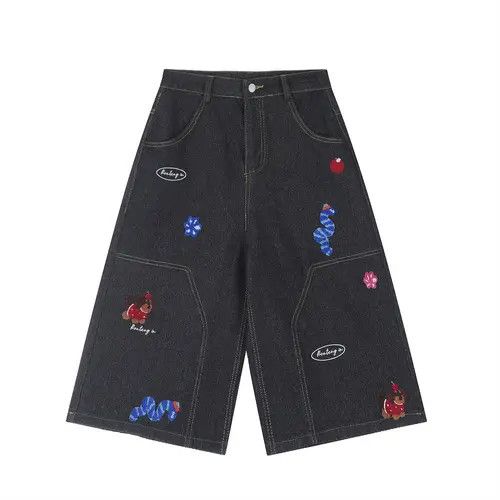 VIBE Distressed washed punk fun cartoon embroidered denim shorts Size US 32 / EU 48 - 1 Thumbnail