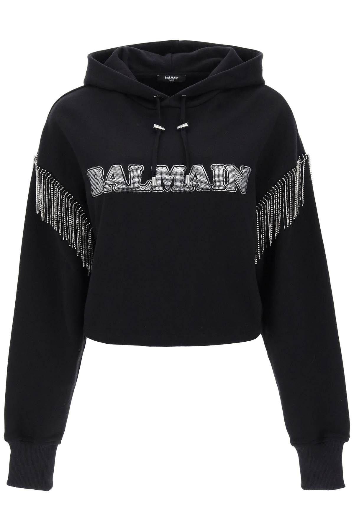 Image of Balmain Cropped Hoodie With Rhinestone-Studded Logo And Crystal Cupchains Size Xs For Women in Blac