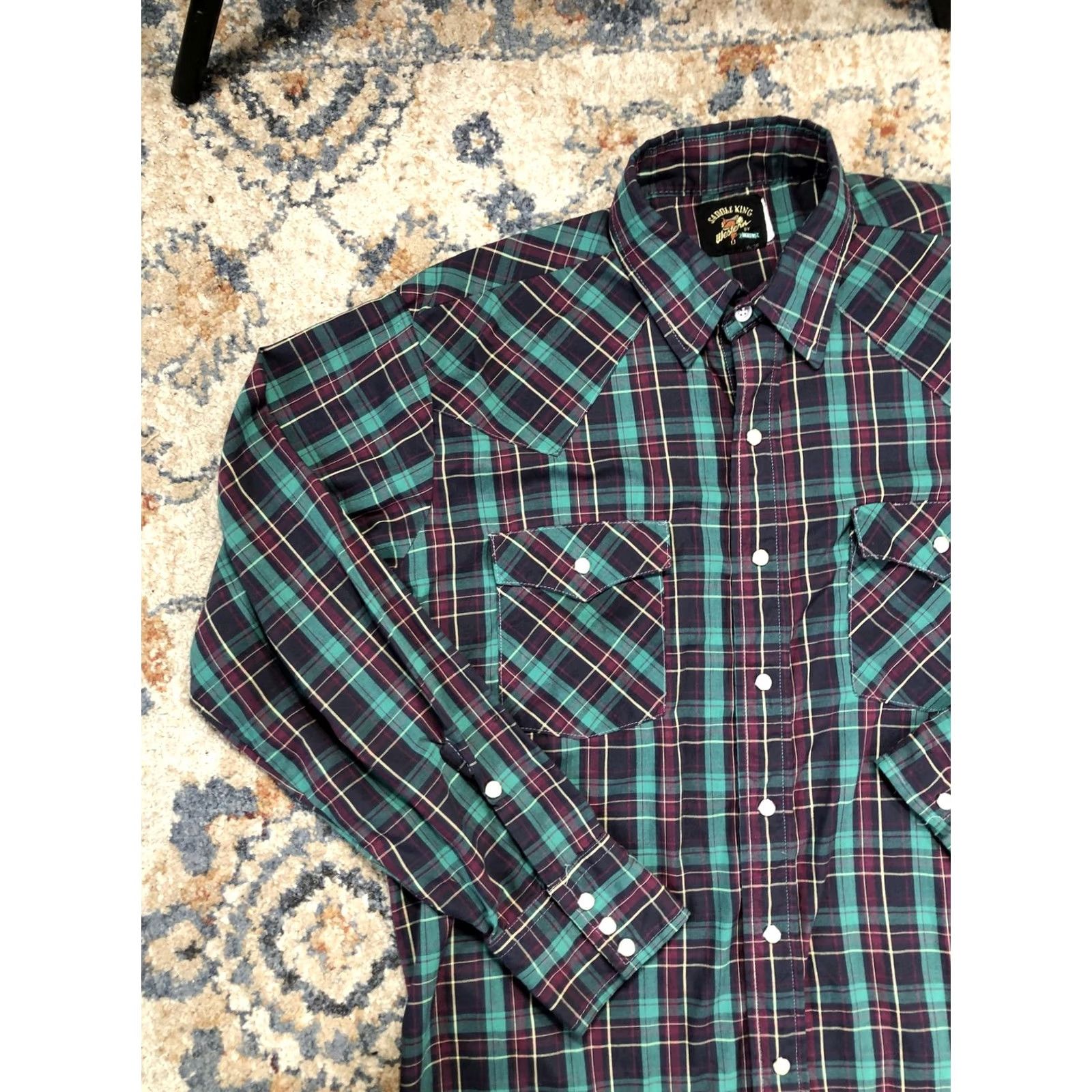 Vintage Saddle King Shirt Mens L Green Plaid Long Sleeve Western Pearl Snap Pockets Size US L / EU 52-54 / 3 - 3 Thumbnail