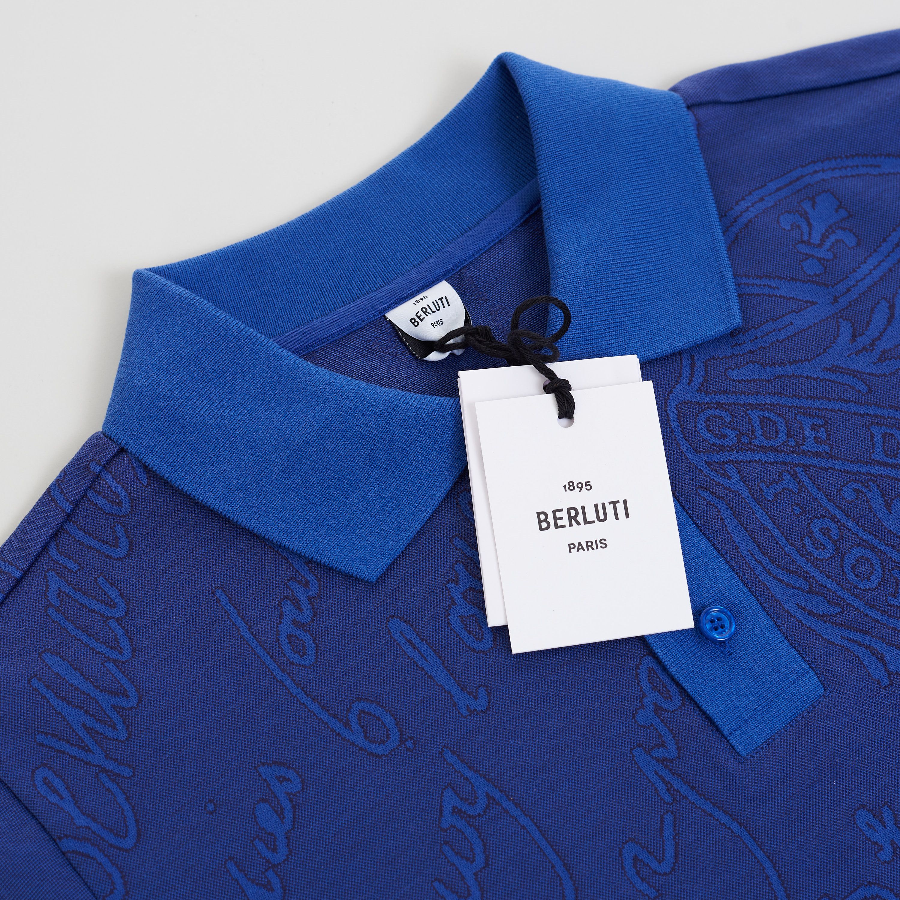 Berluti Polo Shirt In Vibrant Blue Scritto Jacquard Jersey Cotton Size US XS / EU 42 / 0 - 9 Thumbnail