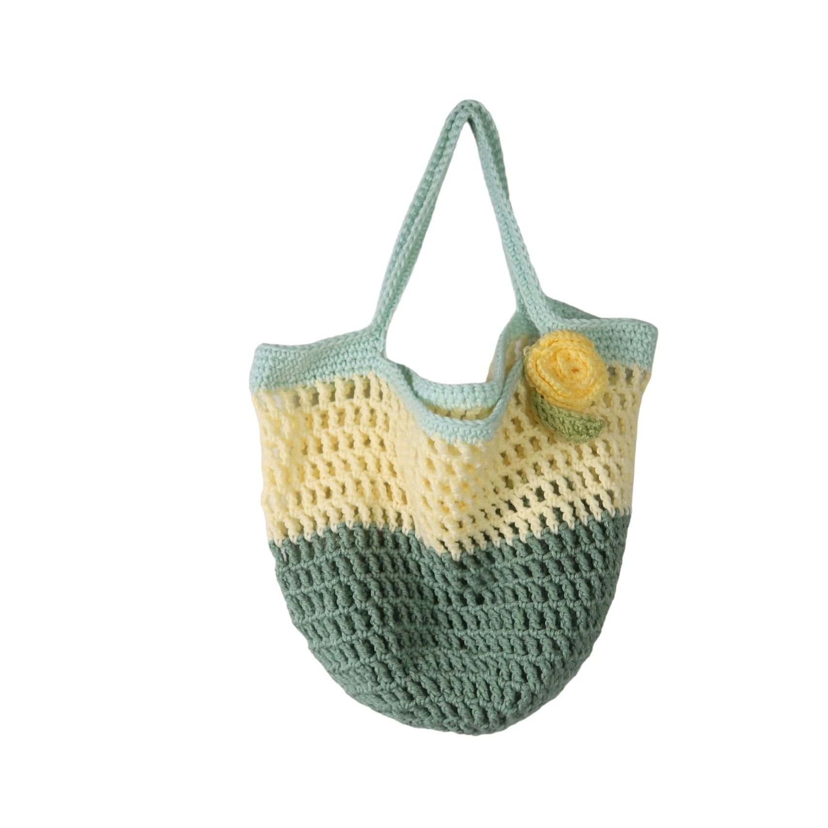 Vintage VINTAGE Tote Purse Green Yellow Open Knit Crochet Handbag Rosette Detail Women 15” Across 10” Height Casual Size ONE SIZE - 2 Thumbnail