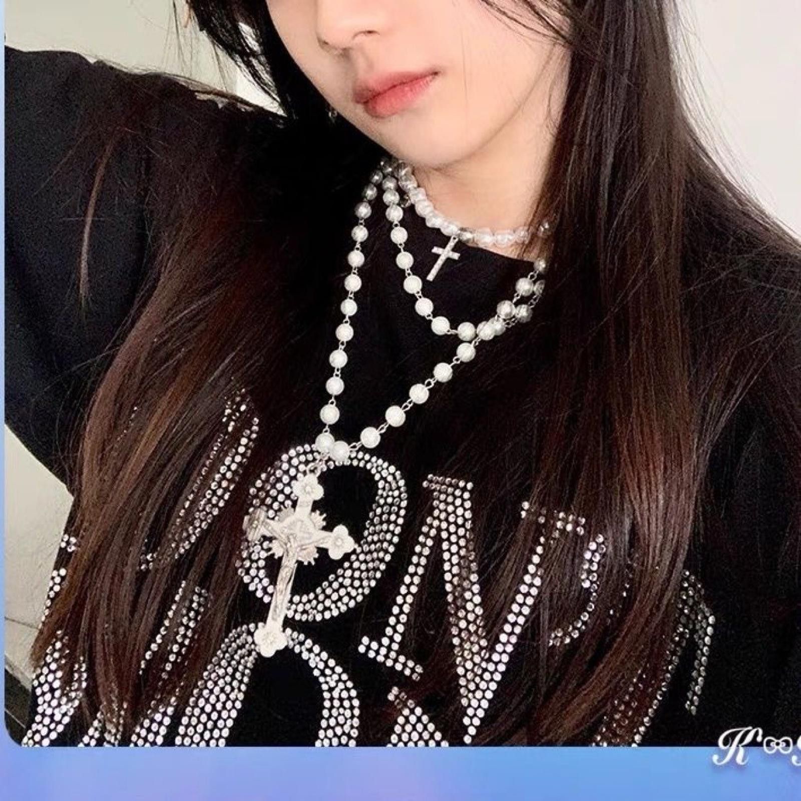 The Unbranded Brand Necklace Y2k Sweater Cross Pearl Chain Size ONE SIZE - 2 Thumbnail