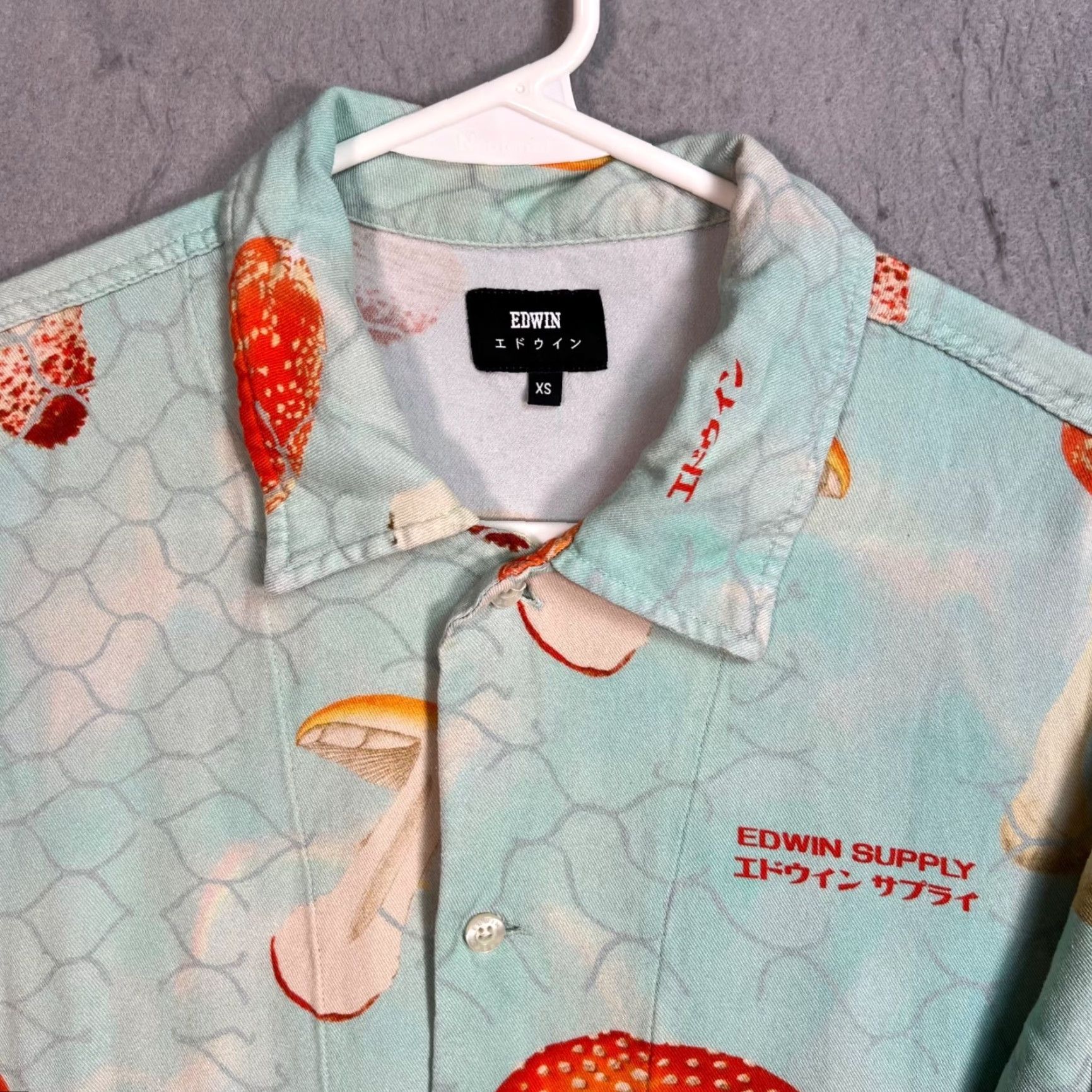 Edwin Edwin Button-Up Shirt Mushroom Print Mens XS Blue Viscose Cotton Casual 90s Inspired Size US XS / EU 42 / 0 - 7 Thumbnail